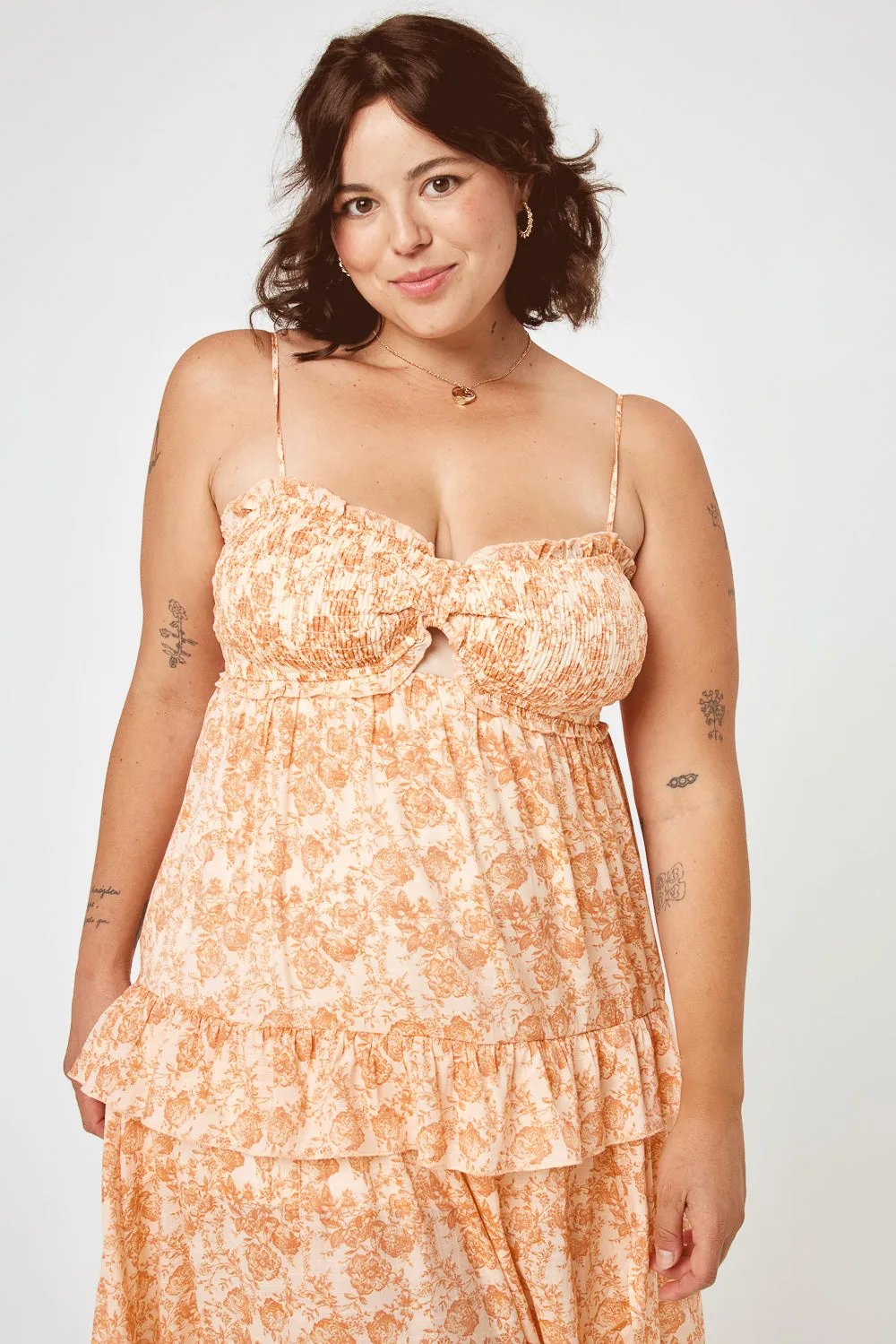 Ivory Rust Floral Smocked Bust Midi Dress