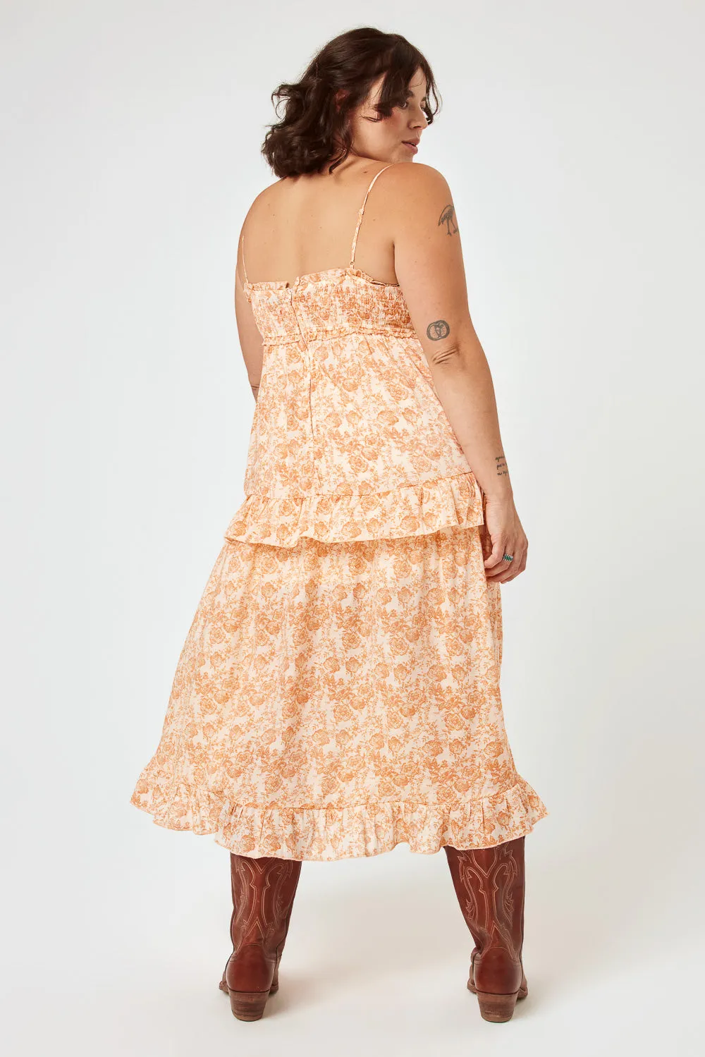 Ivory Rust Floral Smocked Bust Midi Dress