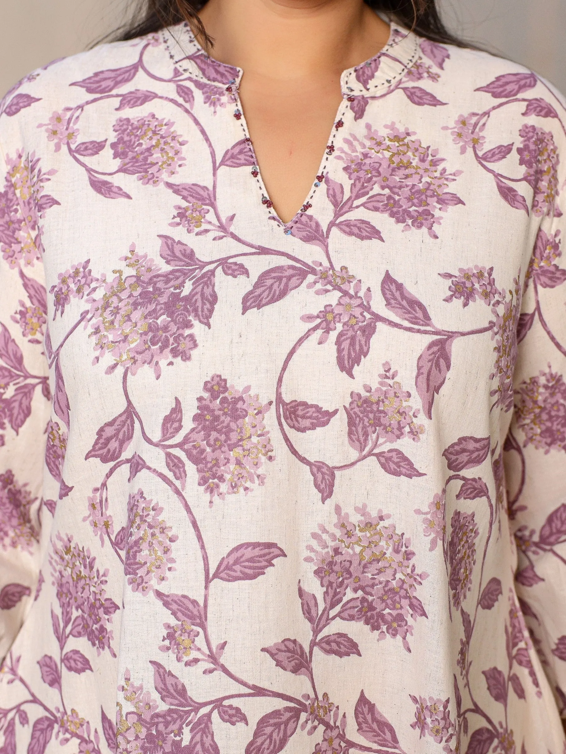 Juniper Lavender Floral Printed & Asymmetric Cotton Flex Plus Size Kurta With Beads & Sequins