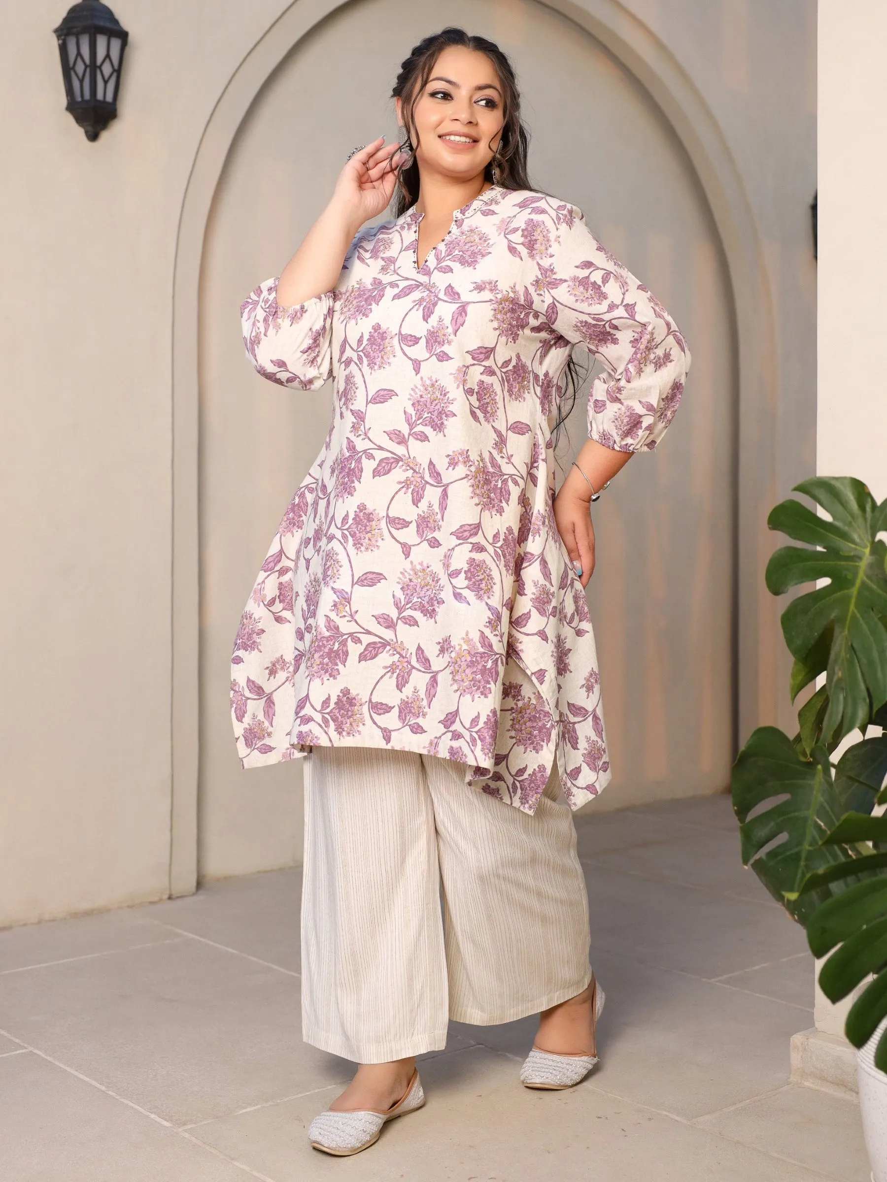 Juniper Lavender Floral Printed & Asymmetric Cotton Flex Plus Size Kurta With Beads & Sequins