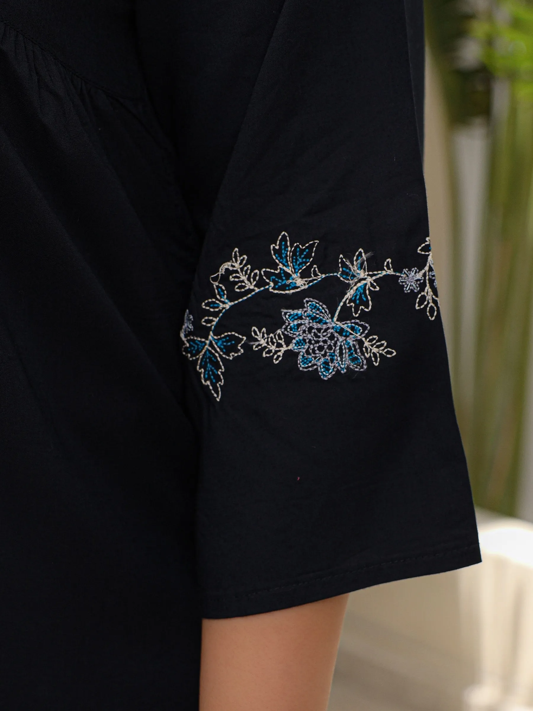 Juniper Navy Blue Modal Rayon Floral Embroidered Alia Cut Plus Size Tunic