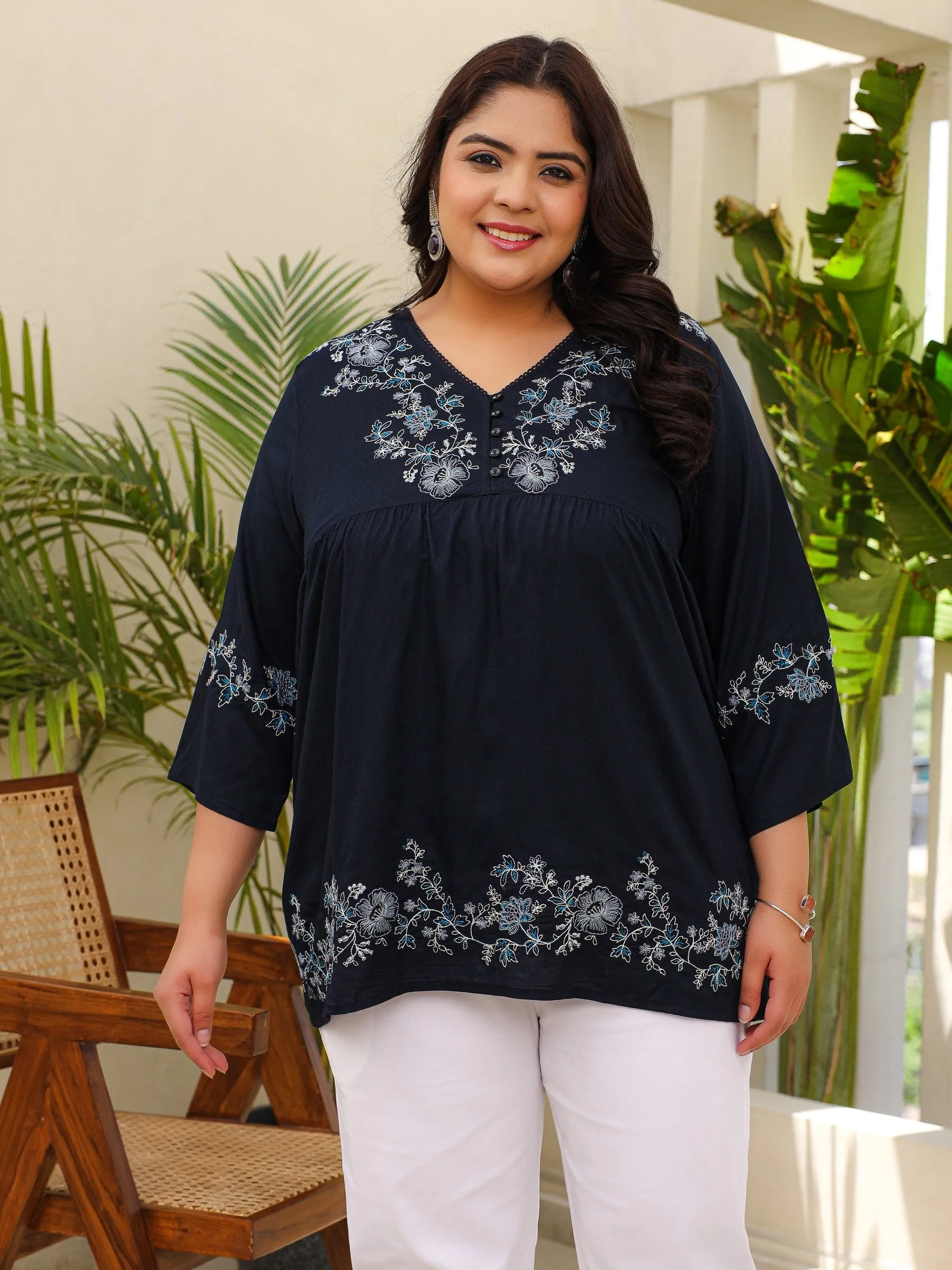 Juniper Navy Blue Modal Rayon Floral Embroidered Alia Cut Plus Size Tunic