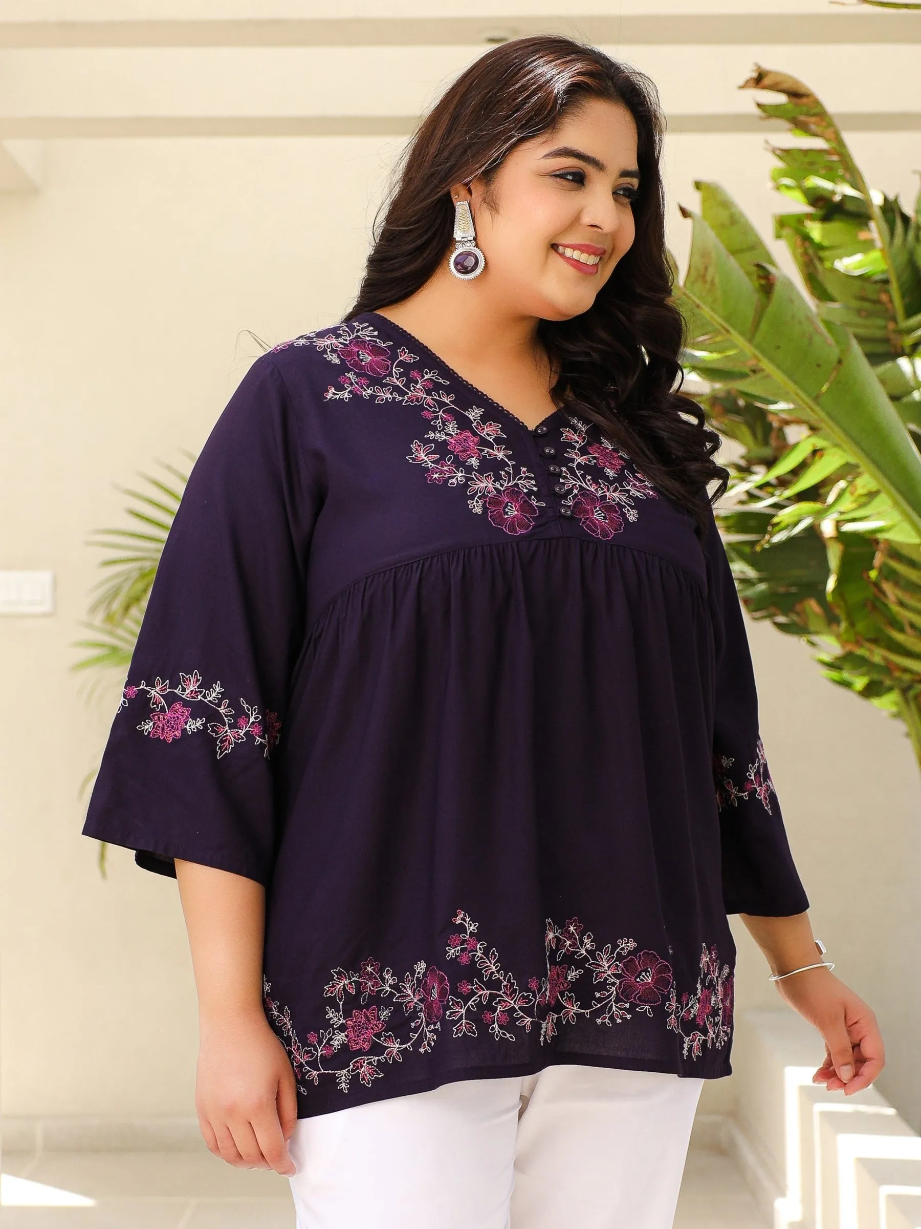 Juniper Purple Modal Rayon Floral Embroidered Alia Cut Plus Size Tunic