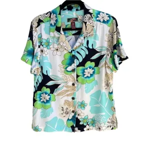 La Cabana Women's Blue Green Floral Hawaiian Short Sleeve Camp Collar Shirt - M