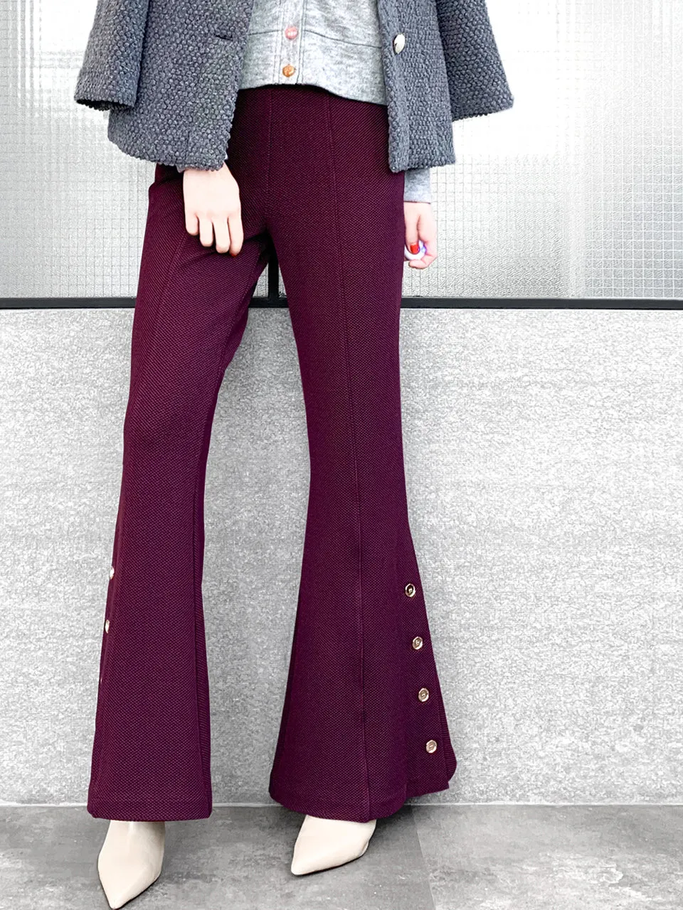 Last Chance! Plum Red-Purple Flare Leg Pull On Button Pants