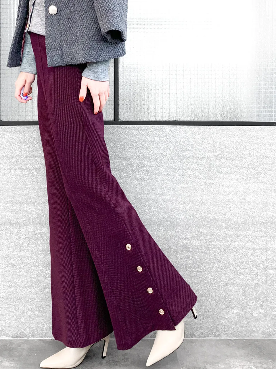 Last Chance! Plum Red-Purple Flare Leg Pull On Button Pants