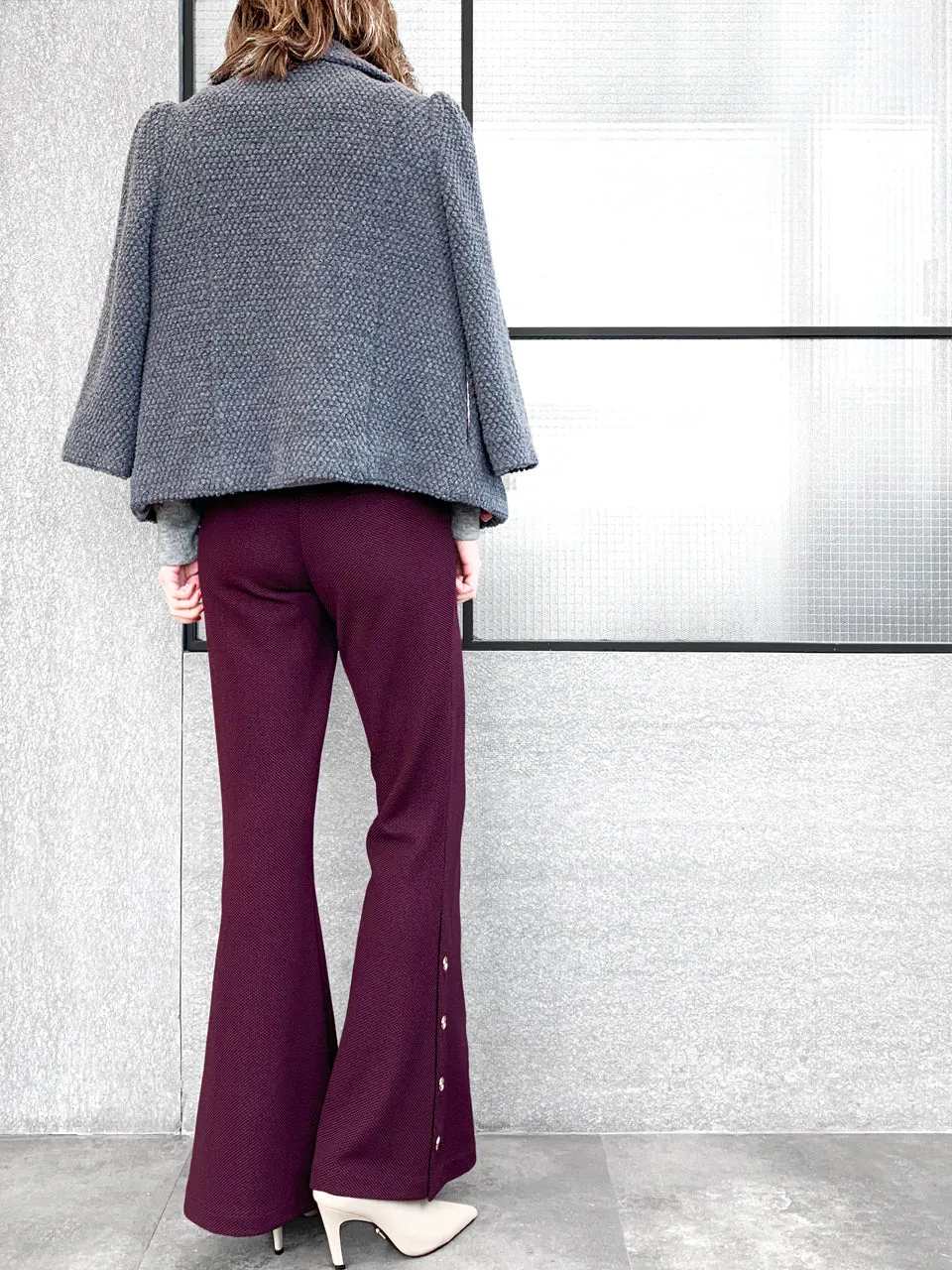 Last Chance! Plum Red-Purple Flare Leg Pull On Button Pants