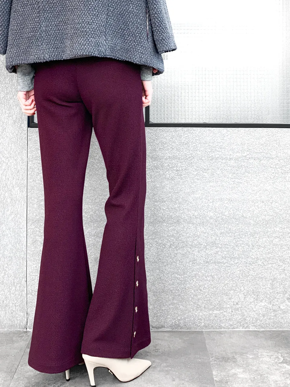 Last Chance! Plum Red-Purple Flare Leg Pull On Button Pants