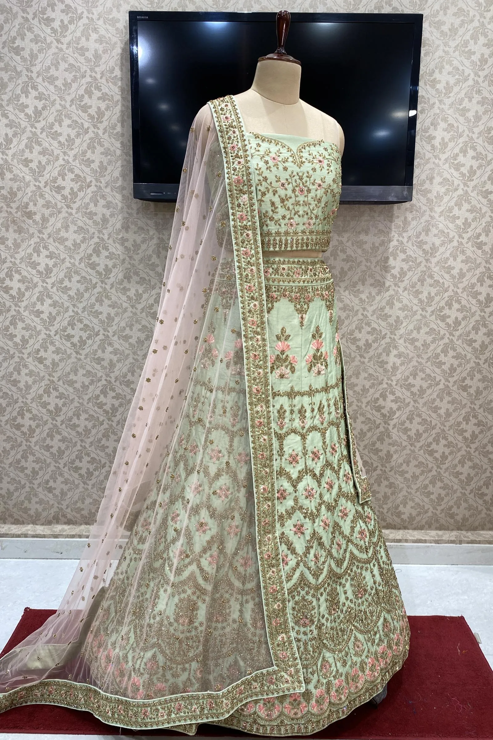 Light Green  Aari and Stone work Semi-Stitched Designer Bridal Lehenga