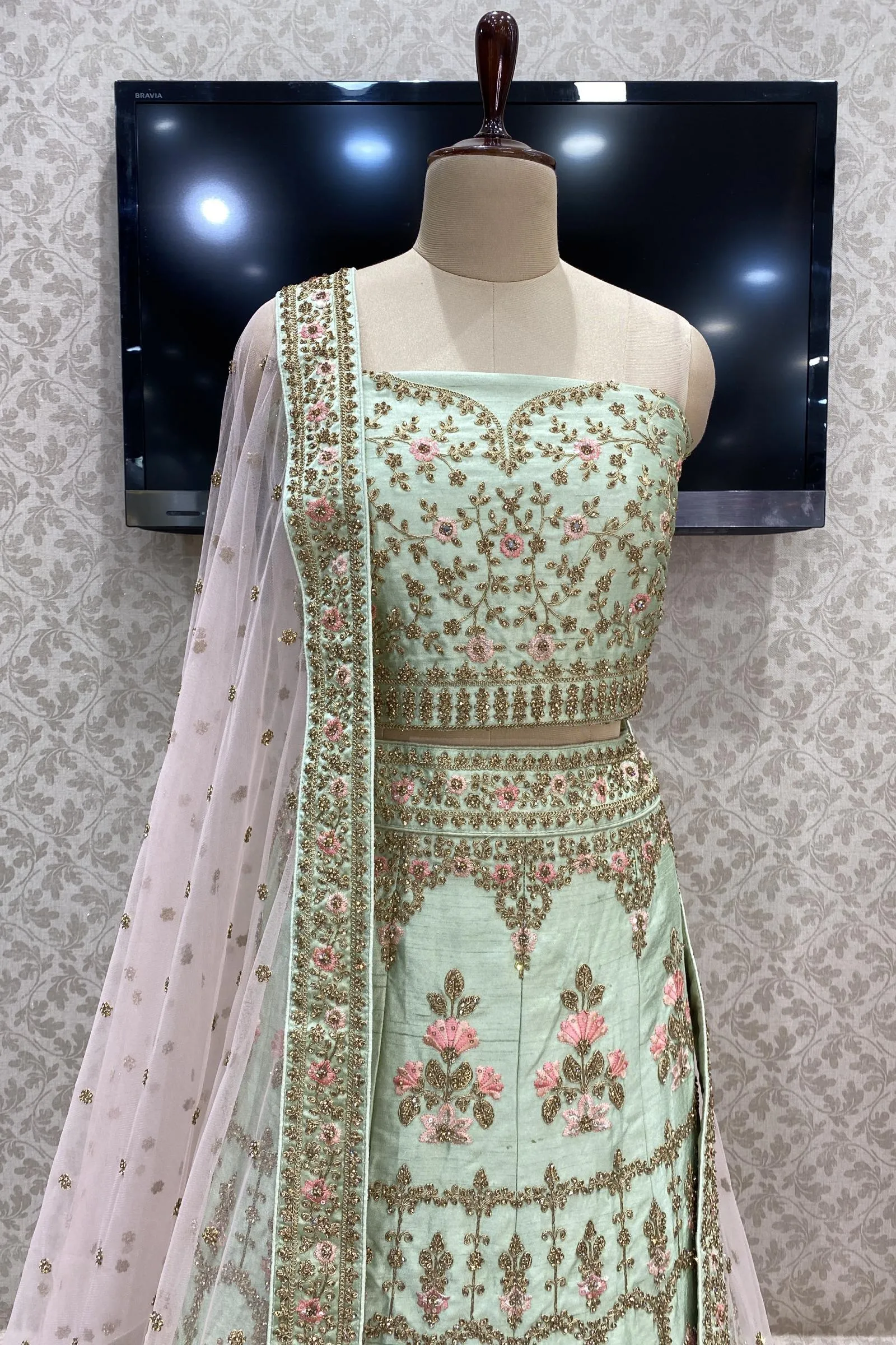 Light Green  Aari and Stone work Semi-Stitched Designer Bridal Lehenga