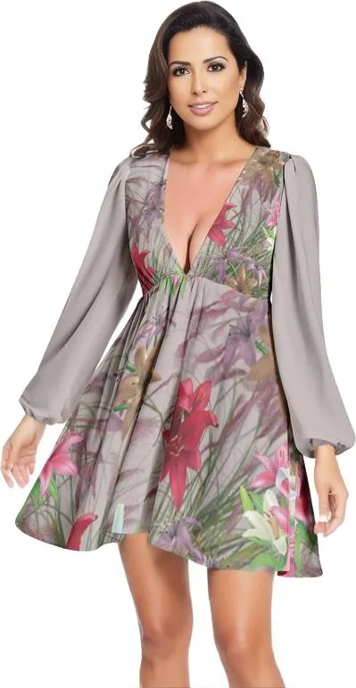 Mauve Gold Floral Lantern Sleeve Deep V-Neck Short Dress