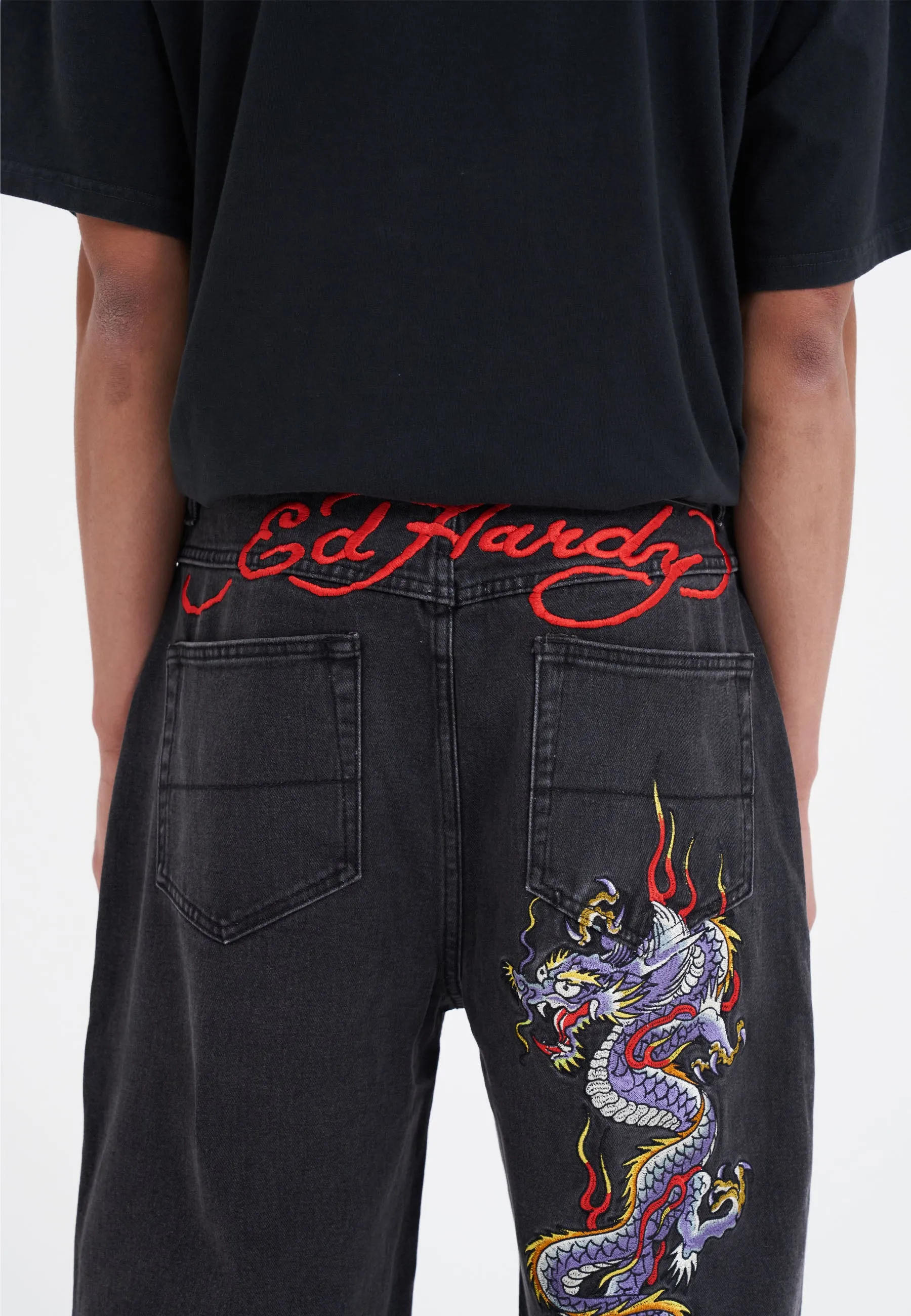 Mens Battle Dragon Denim Jorts Shorts - Washed Black