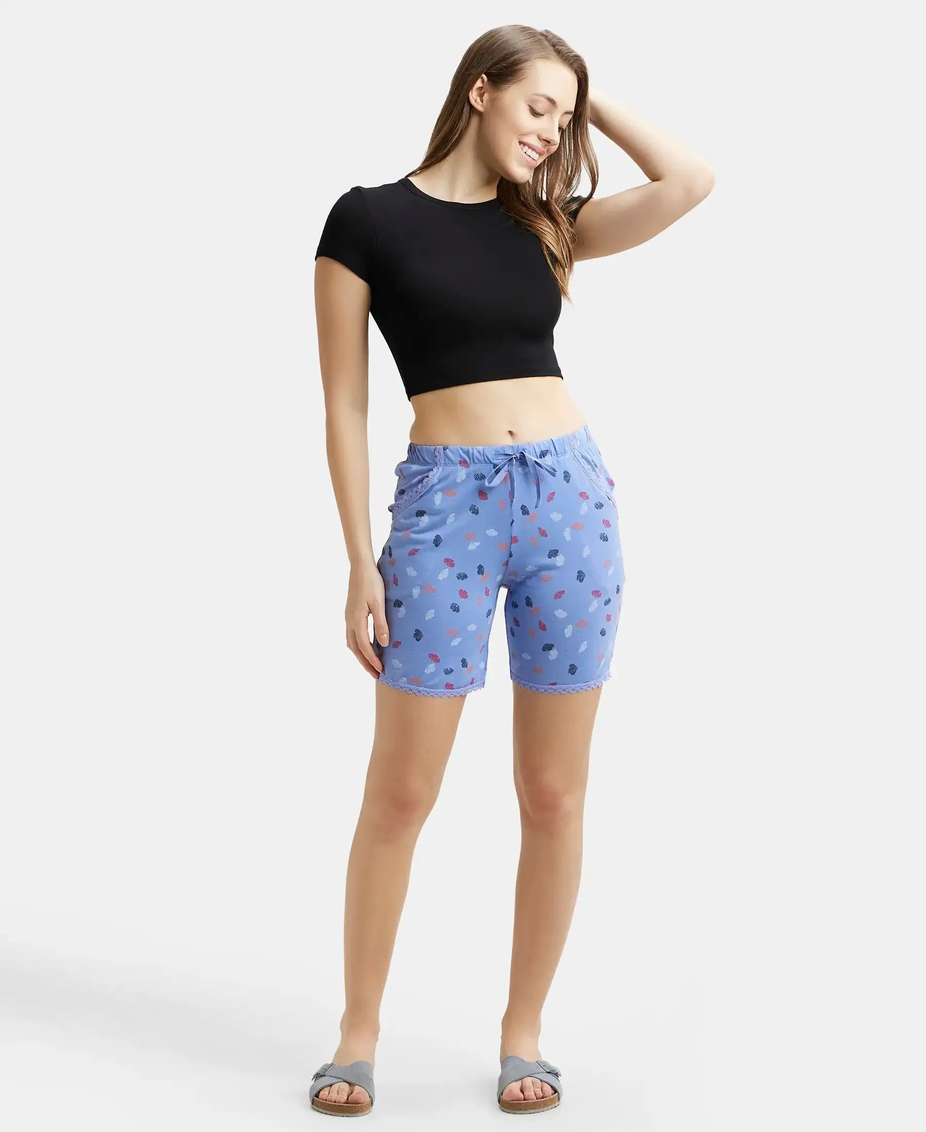 Micro Modal Cotton Relaxed Fit Printed Shorts with Side Pockets - Iris Blue Assorted Prints