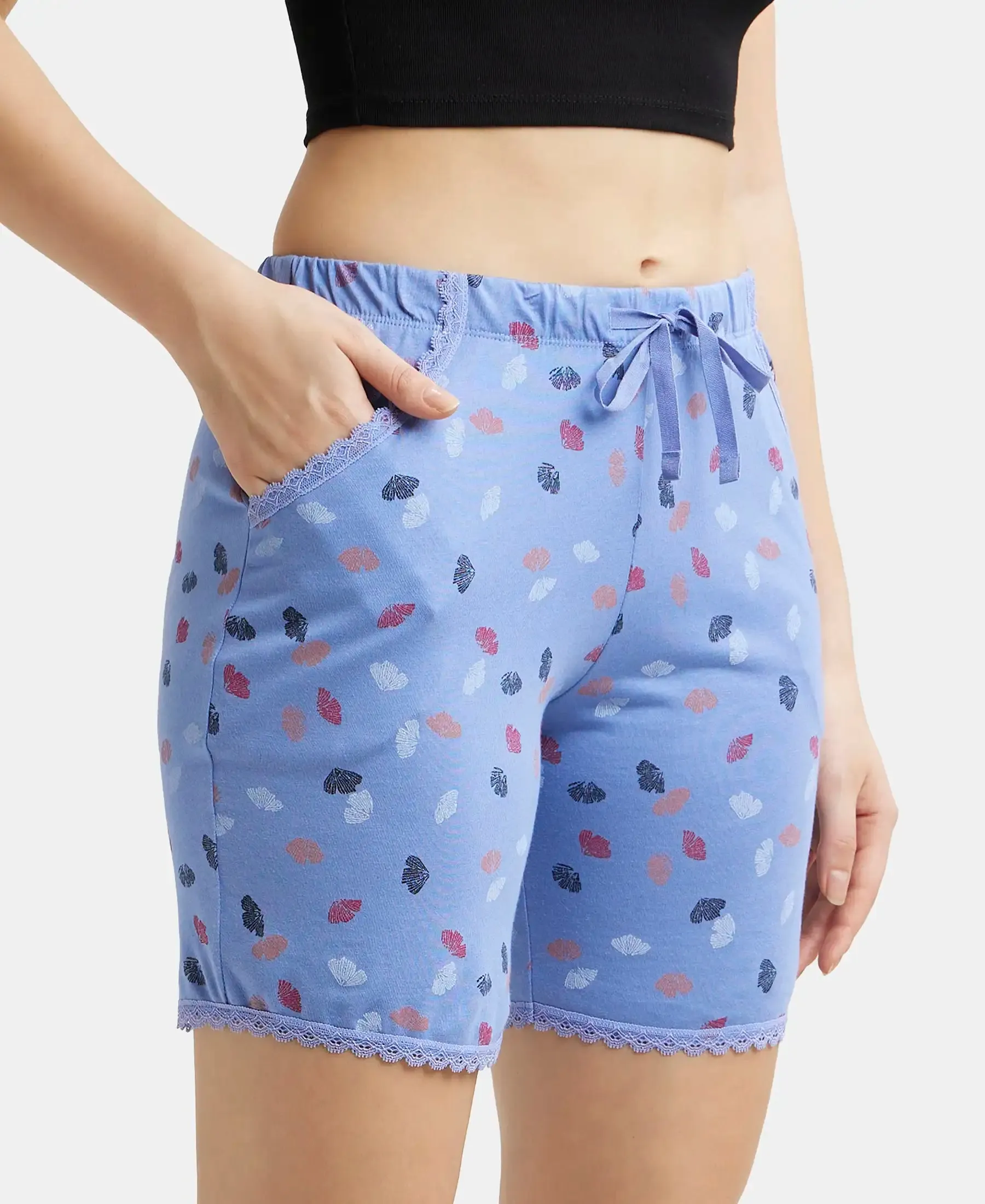 Micro Modal Cotton Relaxed Fit Printed Shorts with Side Pockets - Iris Blue Assorted Prints