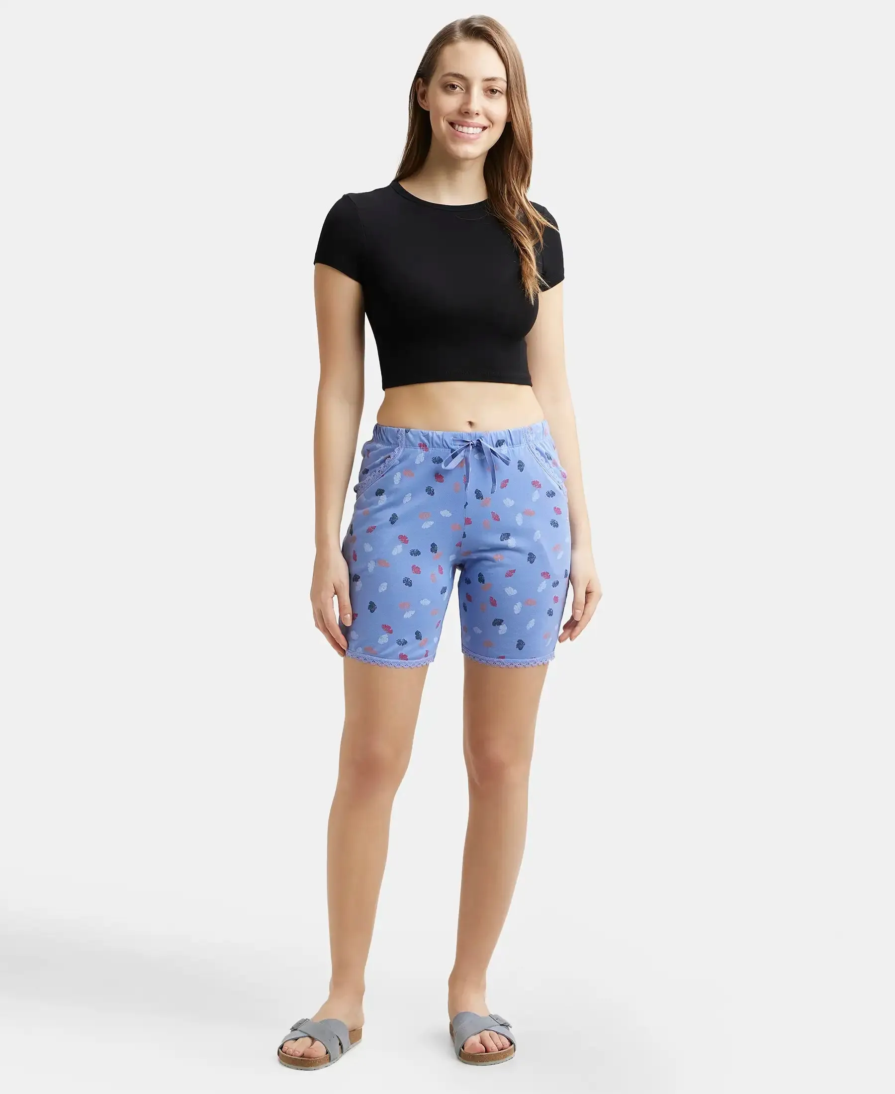 Micro Modal Cotton Relaxed Fit Printed Shorts with Side Pockets - Iris Blue Assorted Prints