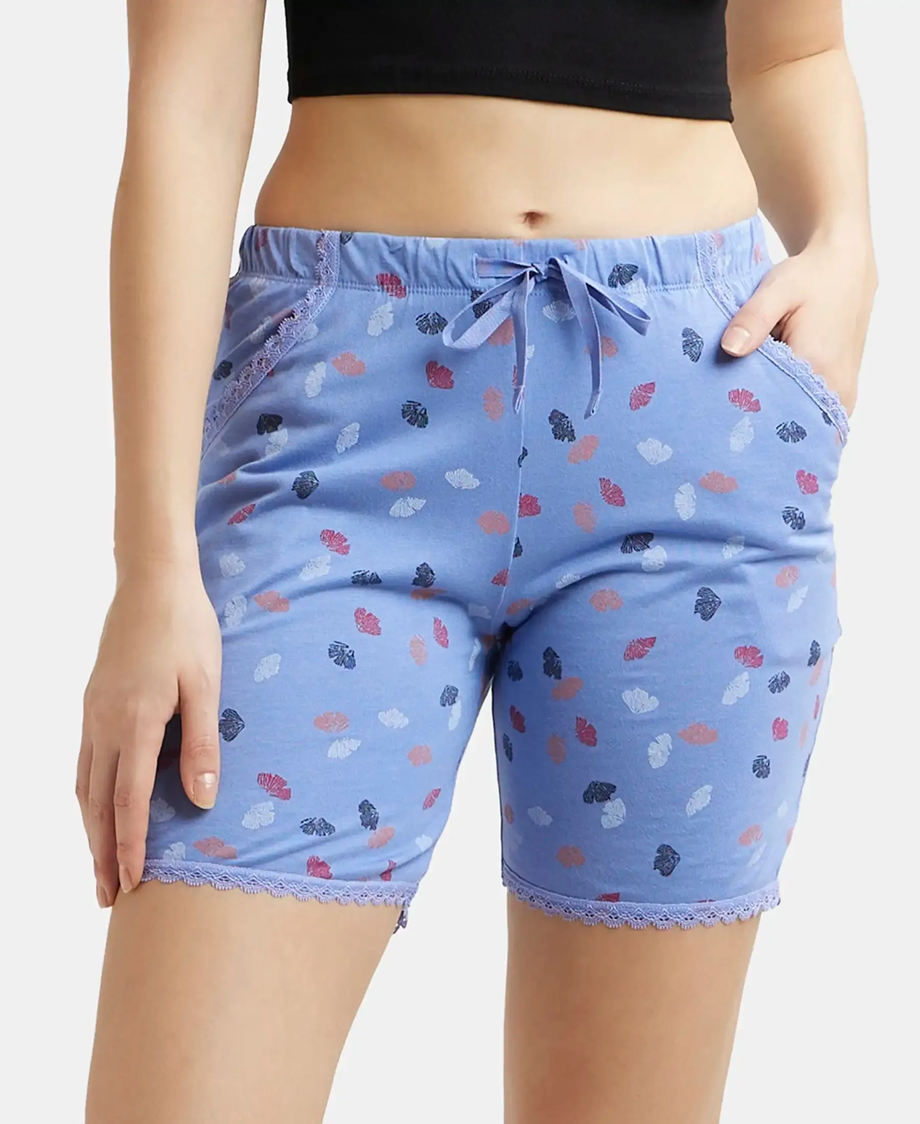 Micro Modal Cotton Relaxed Fit Printed Shorts with Side Pockets - Iris Blue Assorted Prints