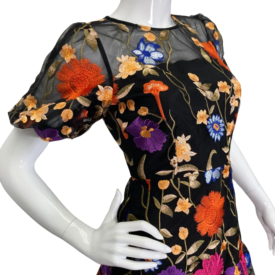 Milly Black Overlay Dress with Colorful Floral Embroidery