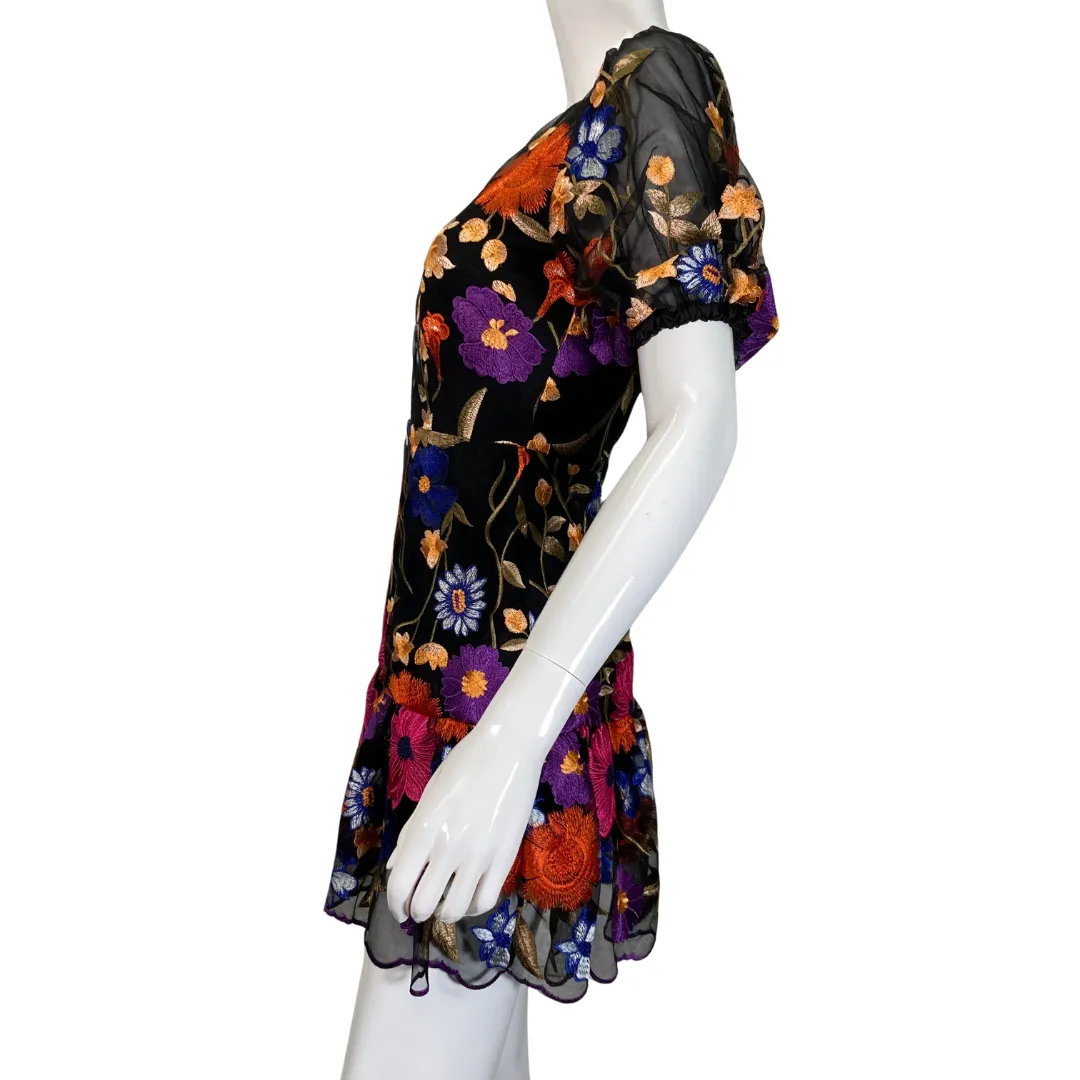 Milly Black Overlay Dress with Colorful Floral Embroidery