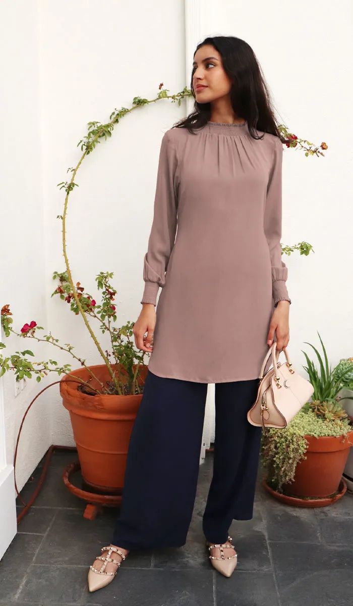 Mishal Essential Long Smocked Modest Tunic - Mocha