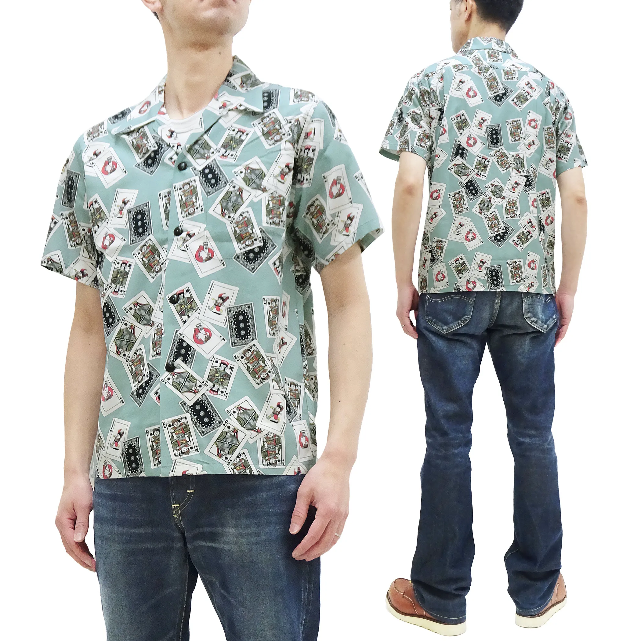 Momotaro Jeans Shirt Men's Short Sleeve Japanese Aloha Shirt Hawaiian Shirt MSS1010M31 Green