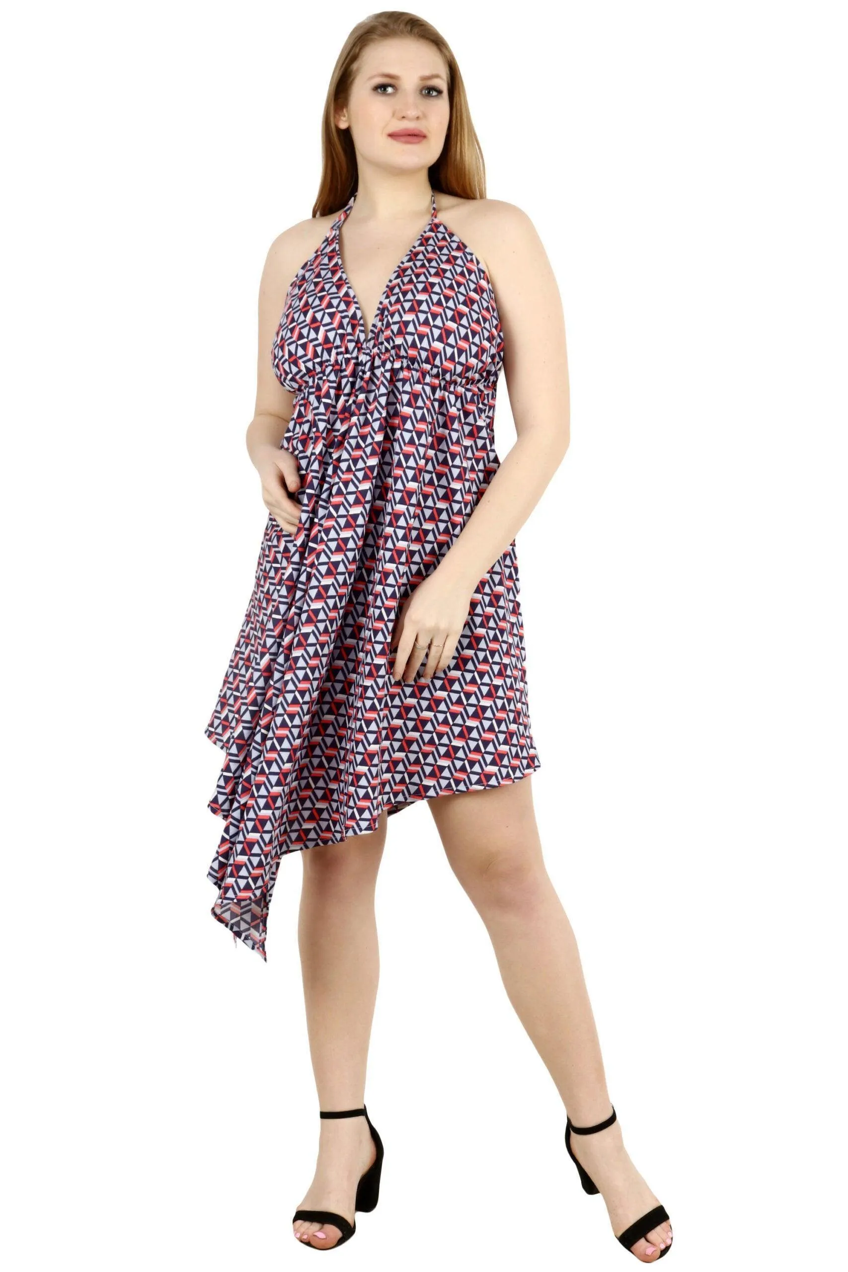 Multicolored Geometric Printed Dress with Back Tie