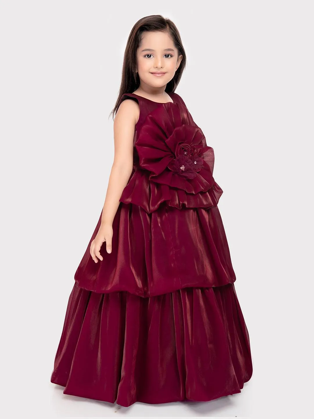 Rasberry Coloured Unique Body Imported Satin Gown For Girls \ Ball Gown For Girls