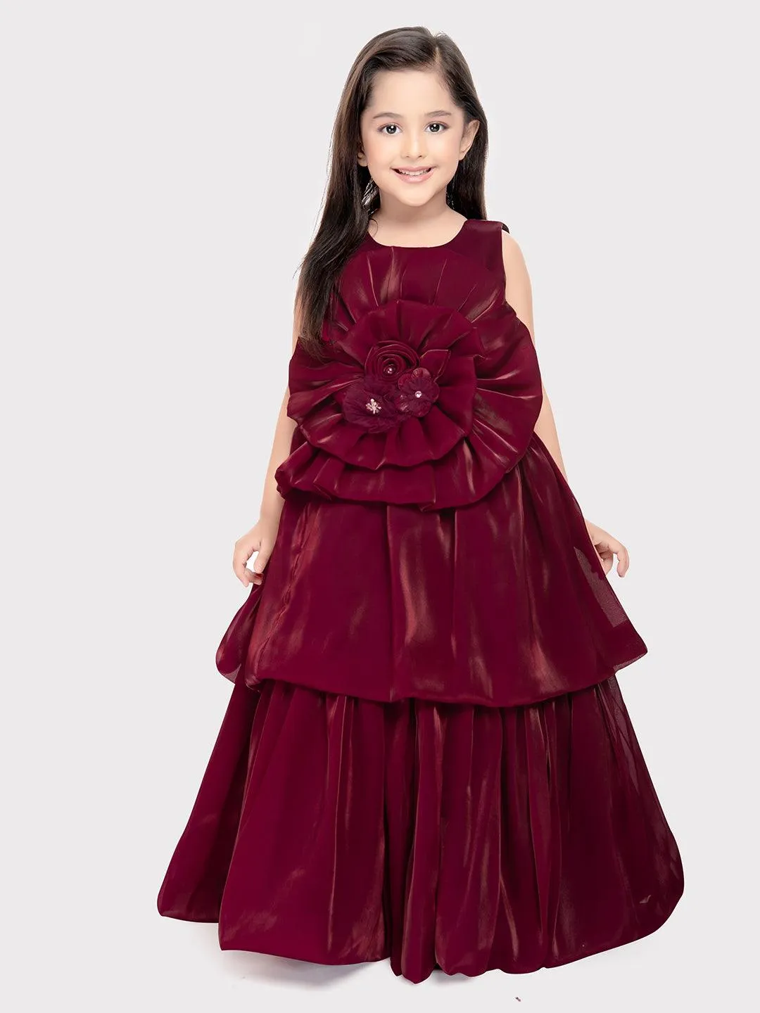 Rasberry Coloured Unique Body Imported Satin Gown For Girls \ Ball Gown For Girls