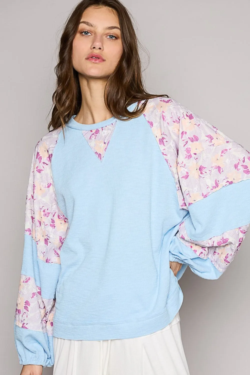 Round Neck Balloon Floral Long Sleeve Top