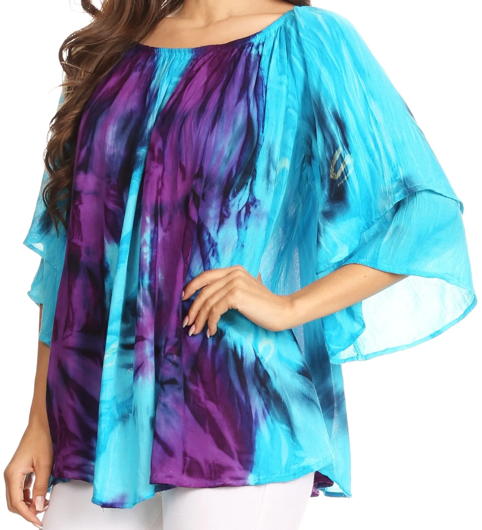 Sakkas Alania Watercolor Tie Dye Double Bell Sleeve Raglan Blouse