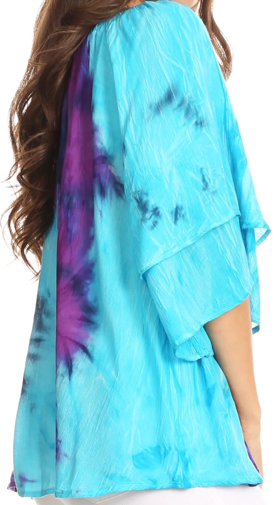 Sakkas Alania Watercolor Tie Dye Double Bell Sleeve Raglan Blouse