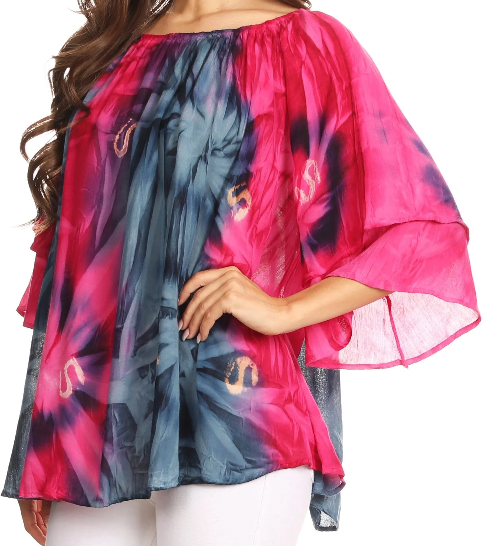 Sakkas Alania Watercolor Tie Dye Double Bell Sleeve Raglan Blouse