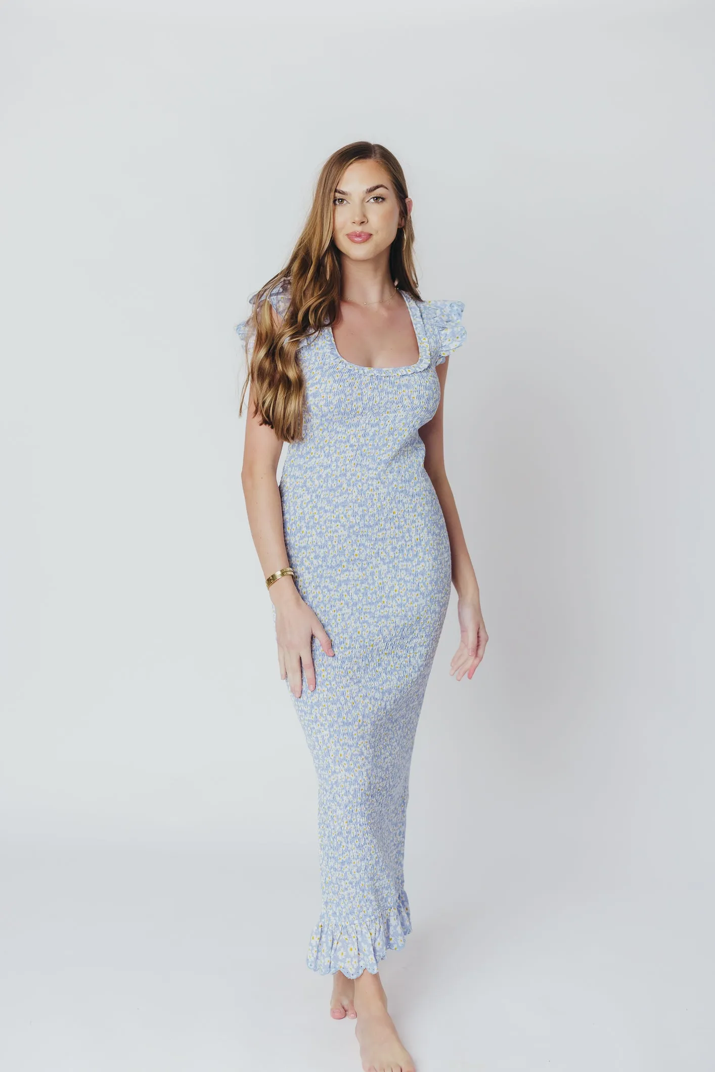 Sarah Smocked Midi Dress with Ruffled Eyelet Trim in Light Blue