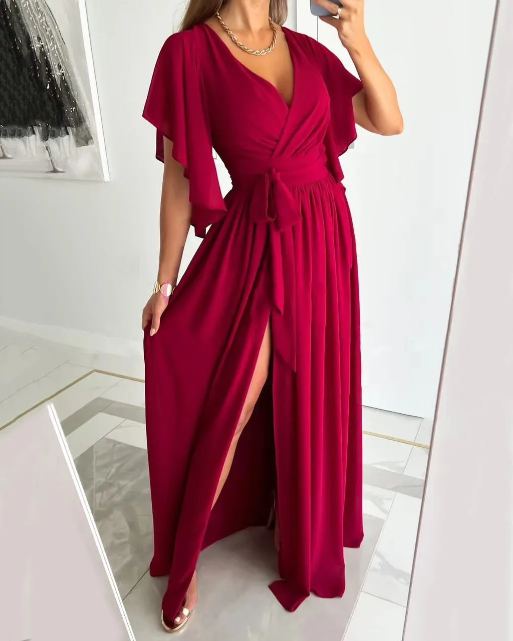 Solid Color Flared Sleeve Loose V-Neck Mop Dress