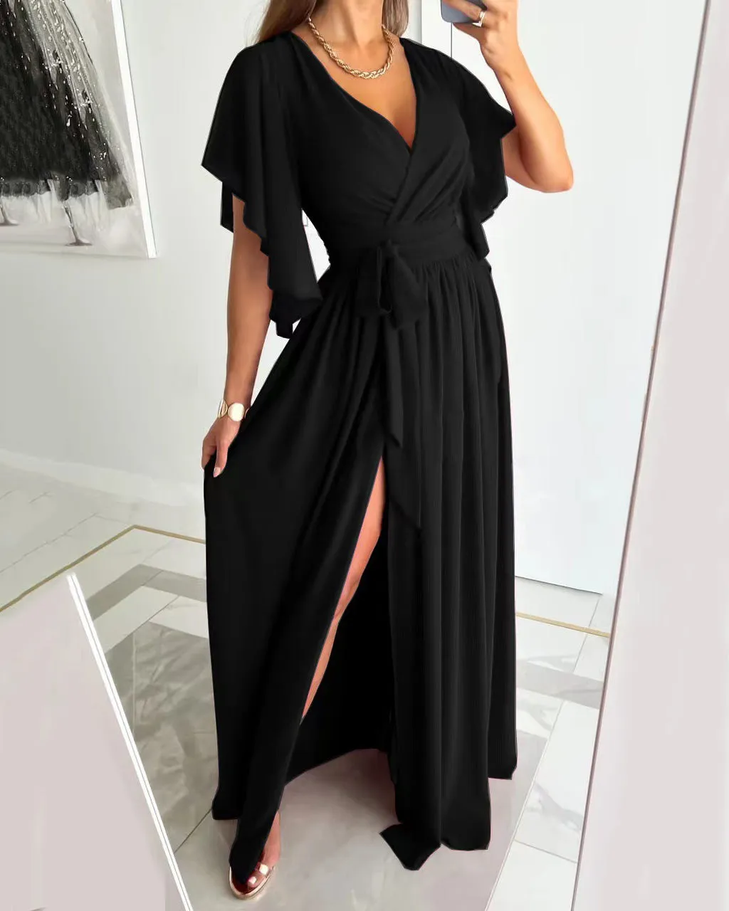 Solid Color Flared Sleeve Loose V-Neck Mop Dress