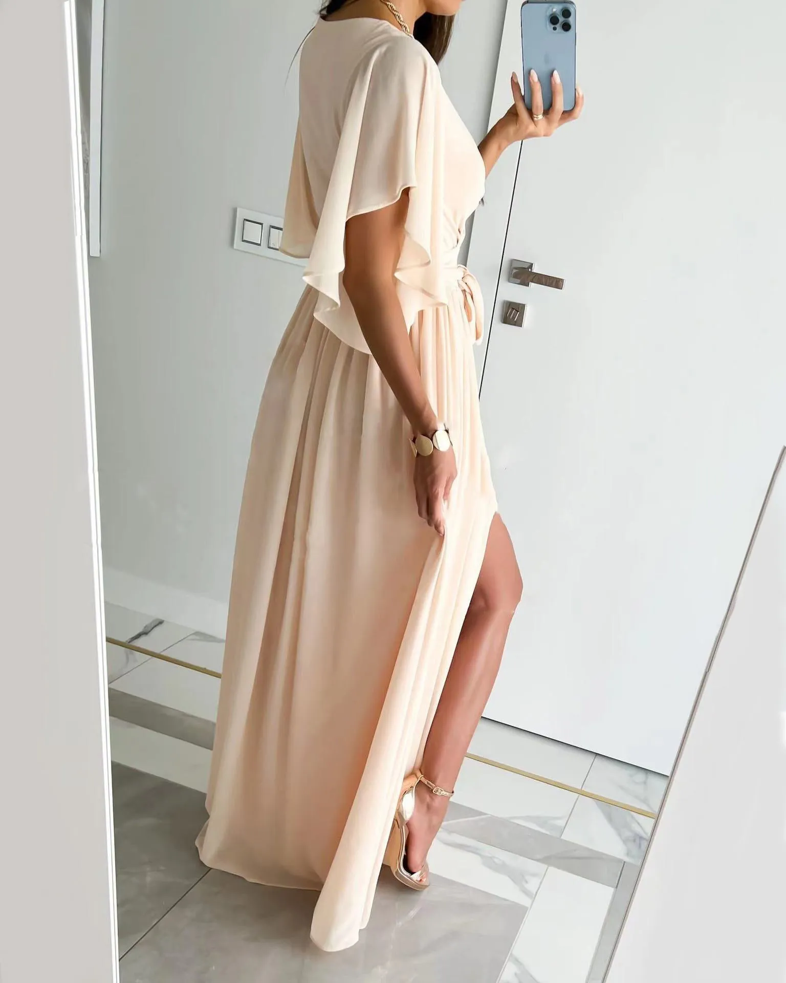 Solid Color Flared Sleeve Loose V-Neck Mop Dress