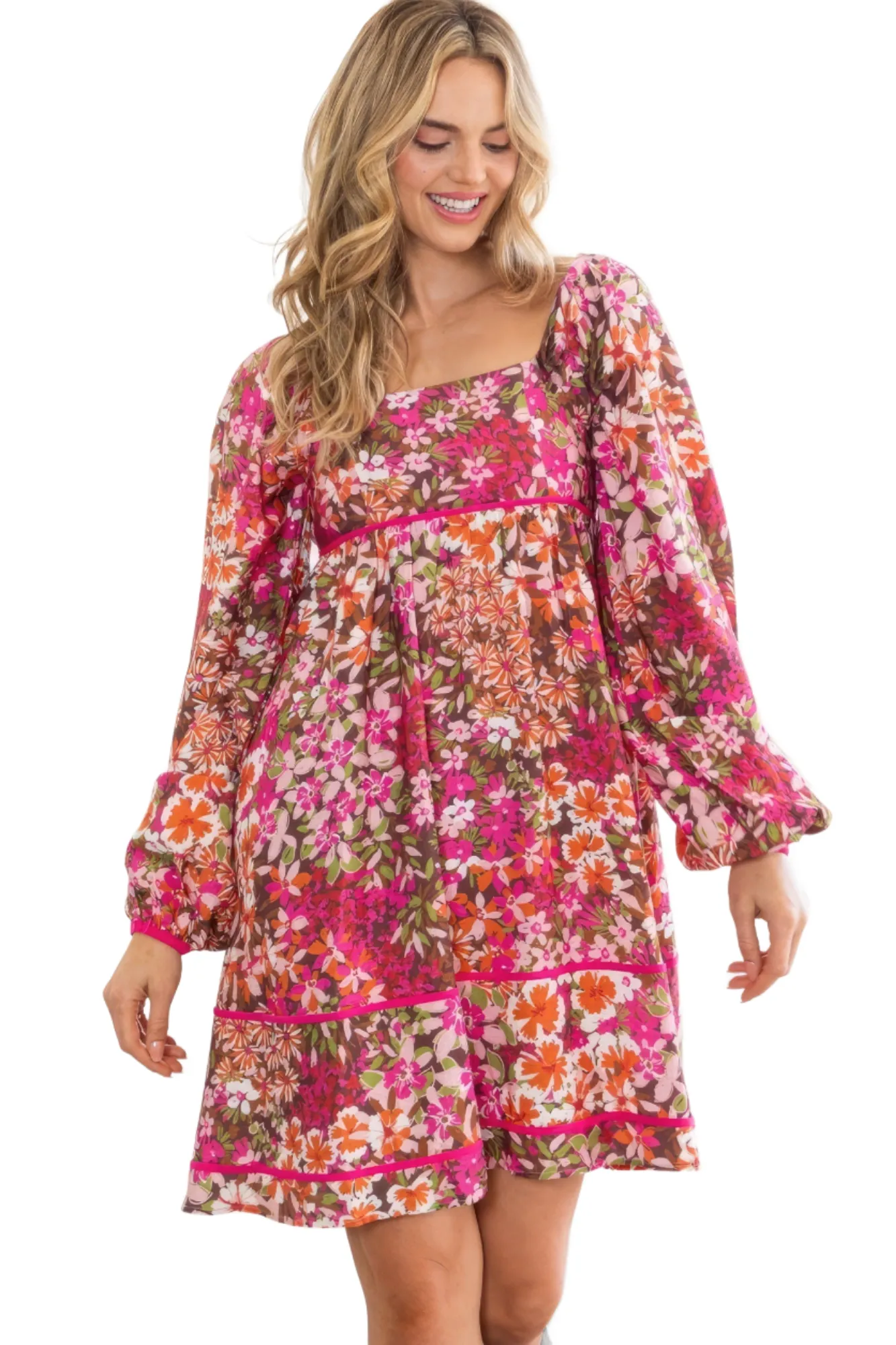 Square Neckline Mini Floral Dress