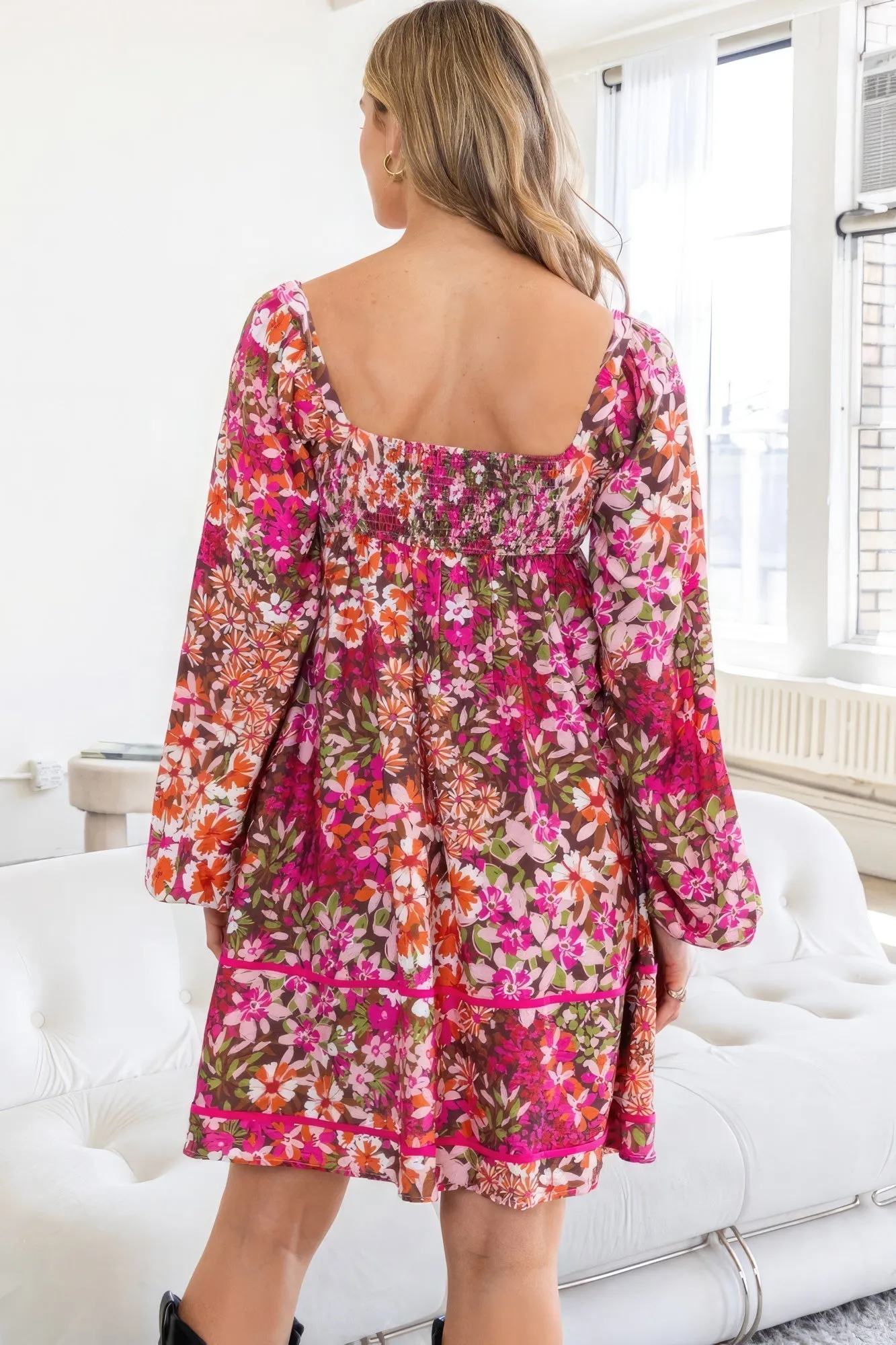 Square Neckline Mini Floral Dress