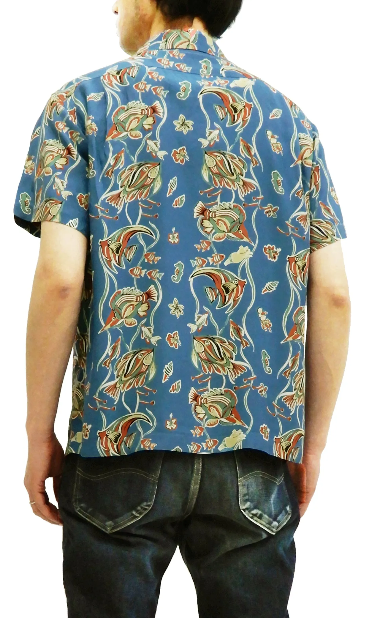 Studio D'artisan Men's Hawaiian Shirt Angelfish Rayon Short Sleeve Aloha shirt SP-050 Blue