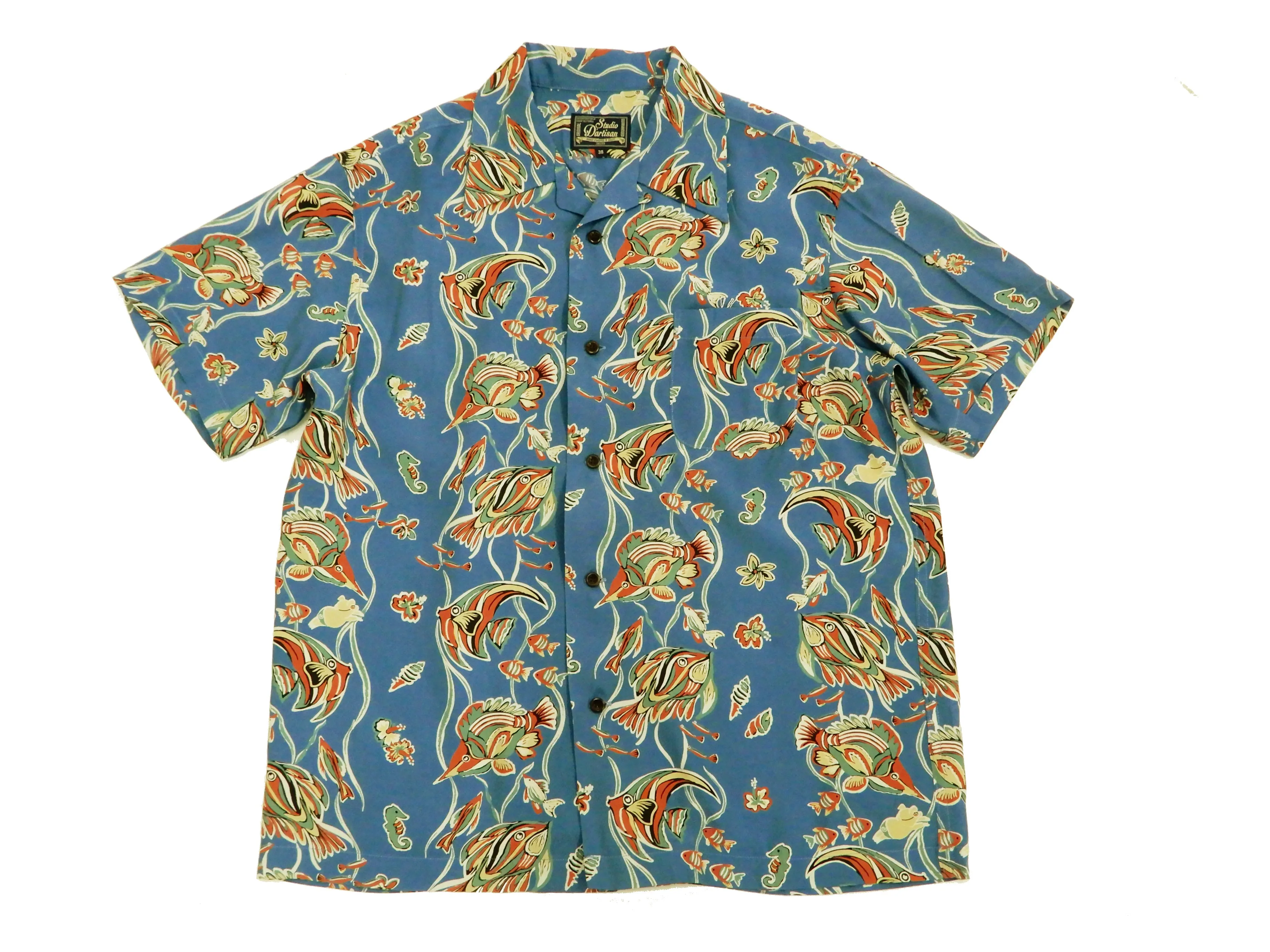 Studio D'artisan Men's Hawaiian Shirt Angelfish Rayon Short Sleeve Aloha shirt SP-050 Blue