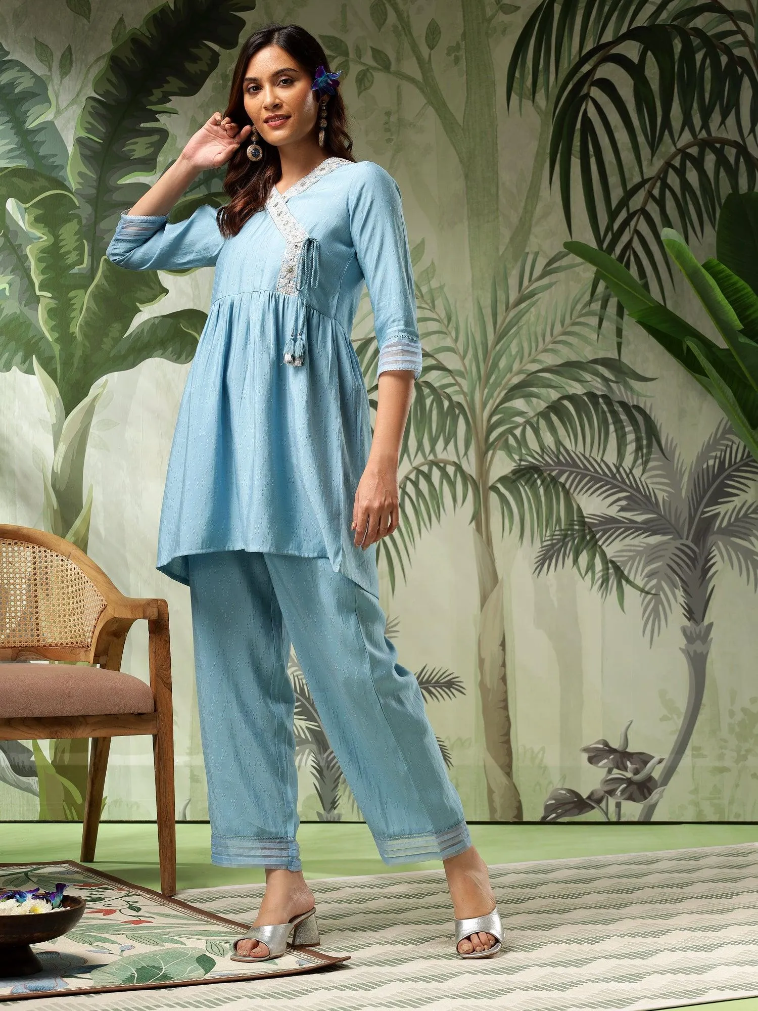 Tara Blue Muslin Embroidered Angrakha (Co-Ord Set)