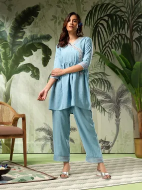 Tara Blue Muslin Embroidered Angrakha (Co-Ord Set)