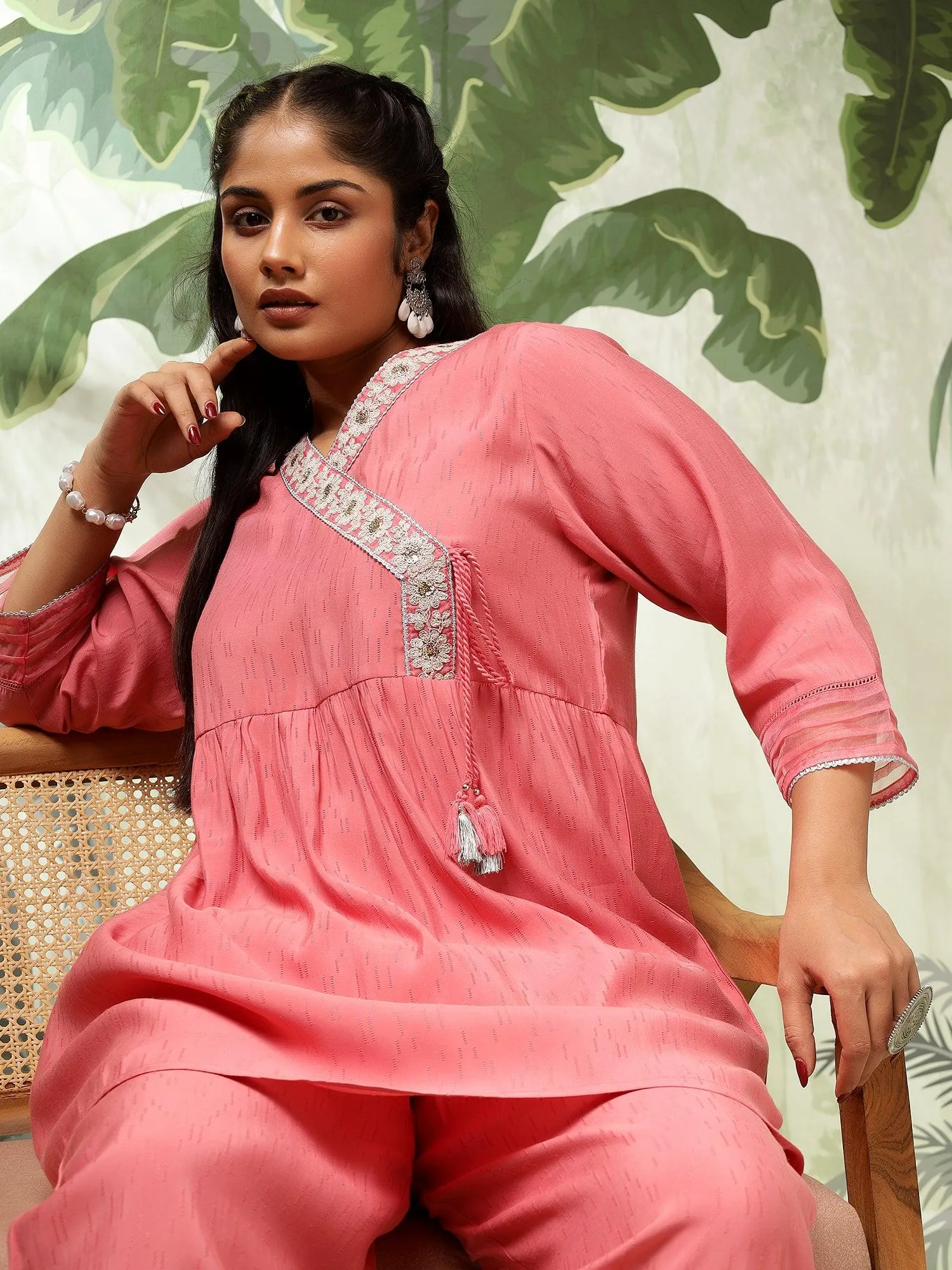 Tara Plus Size Pink Muslin Embroidered Angrakha (Co-Ord Set)