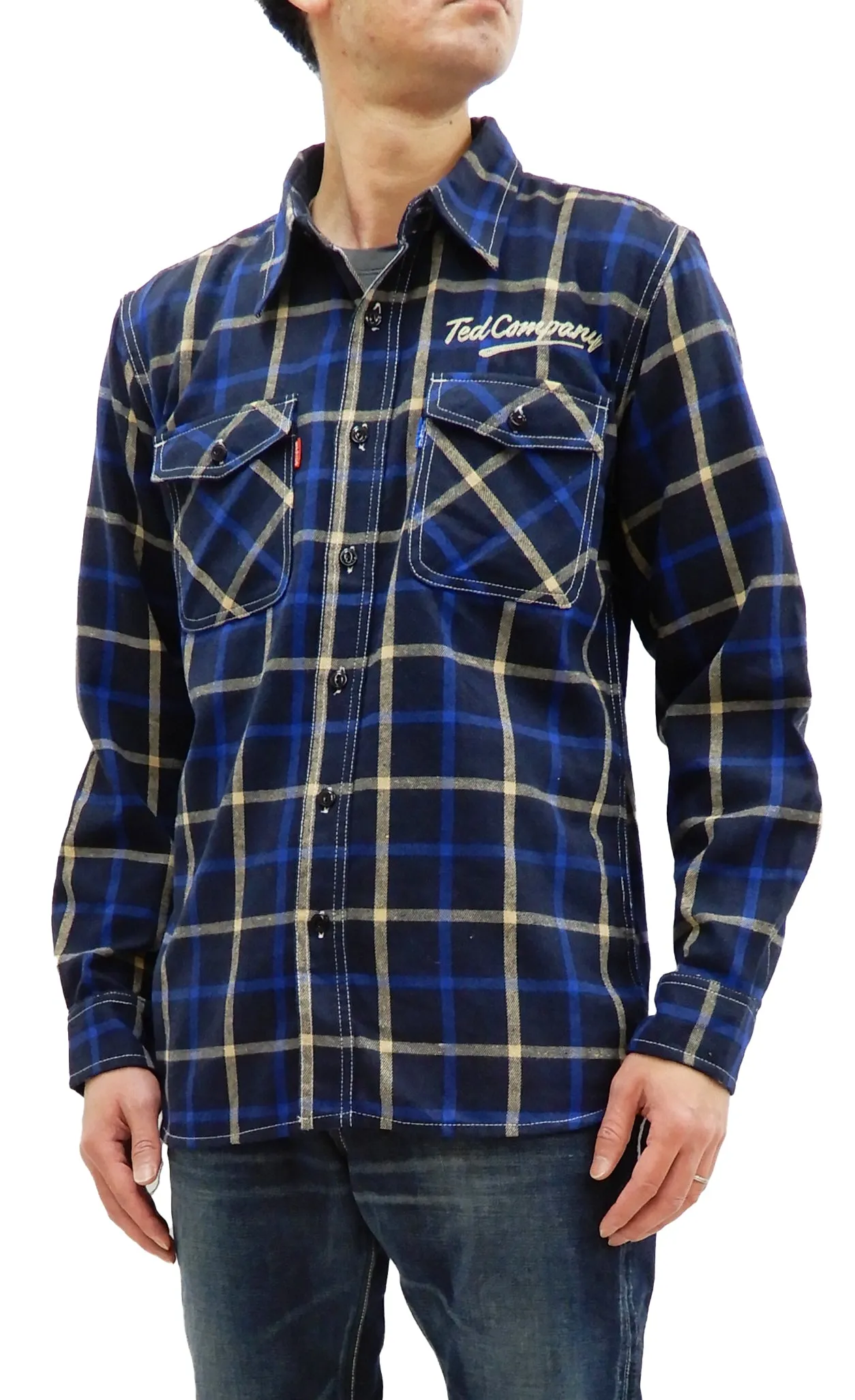 Tedman Custom Embroidered Plaid Flannel Shirt Men's Long Sleeve Shirt TNS-700 Navy/Blue