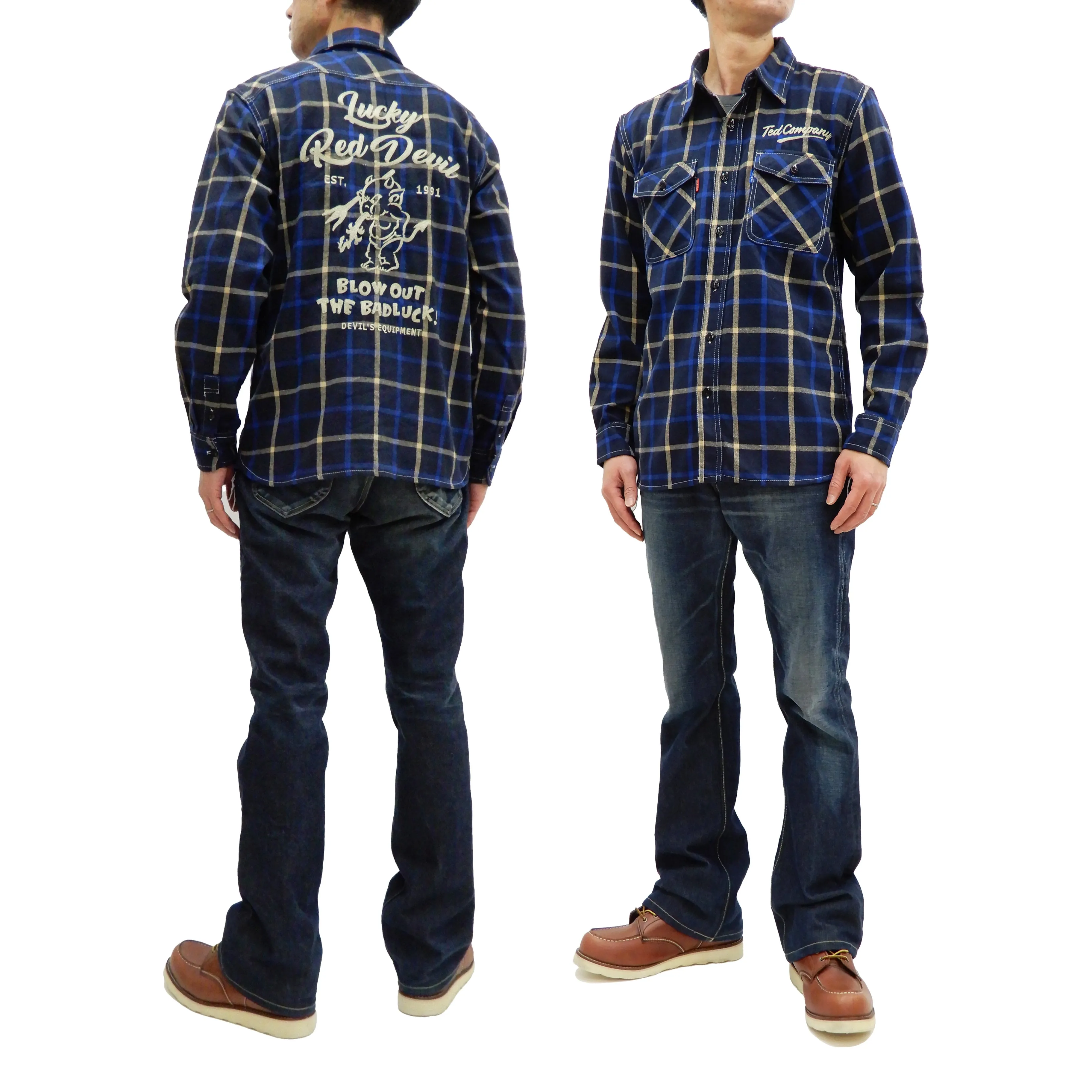 Tedman Custom Embroidered Plaid Flannel Shirt Men's Long Sleeve Shirt TNS-700 Navy/Blue