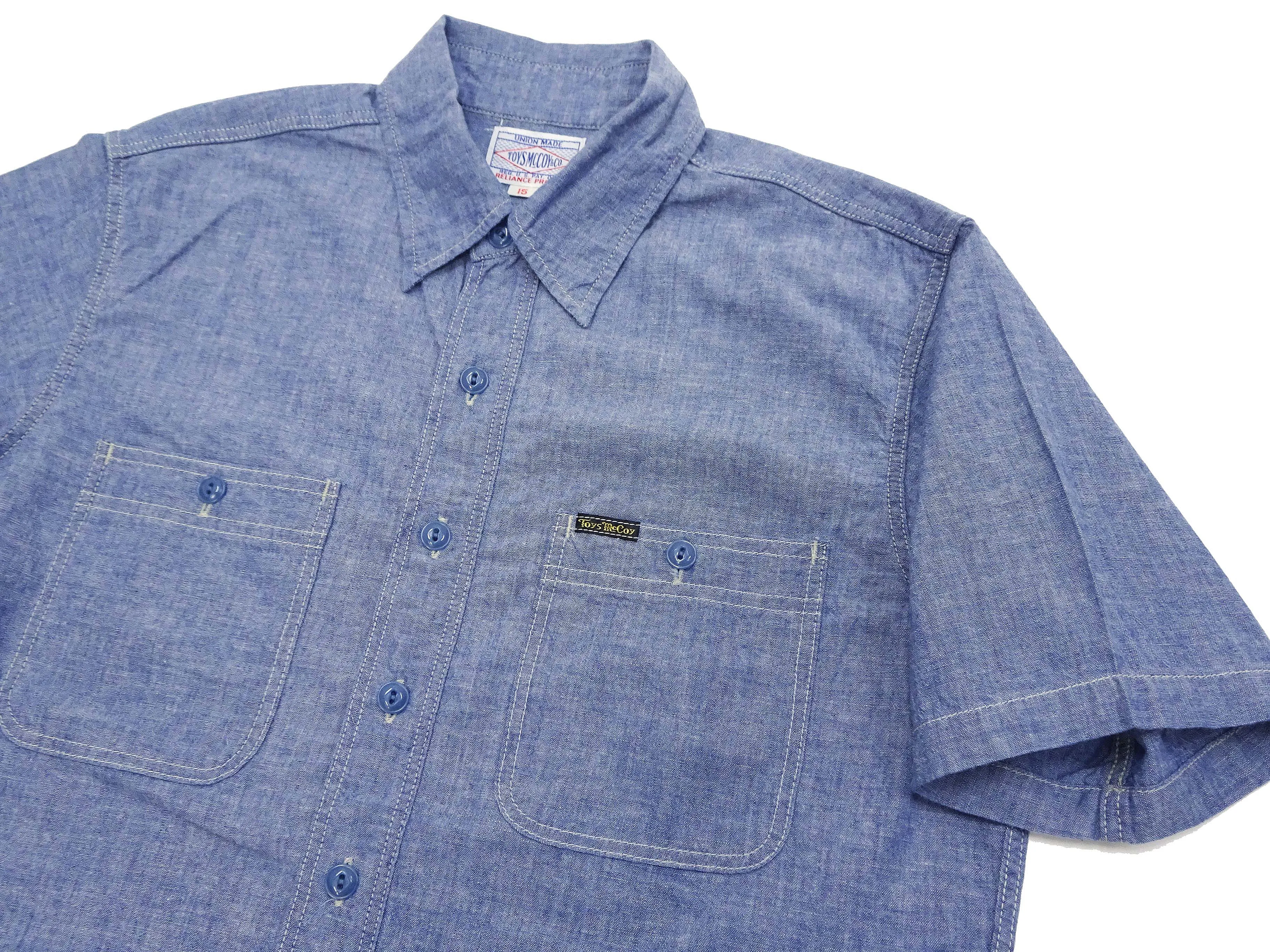 TOYS McCOY Blue Chambray Shirt Men's U.S. Navy Military Short Sleeve Button Up Work Shirt TMS2305