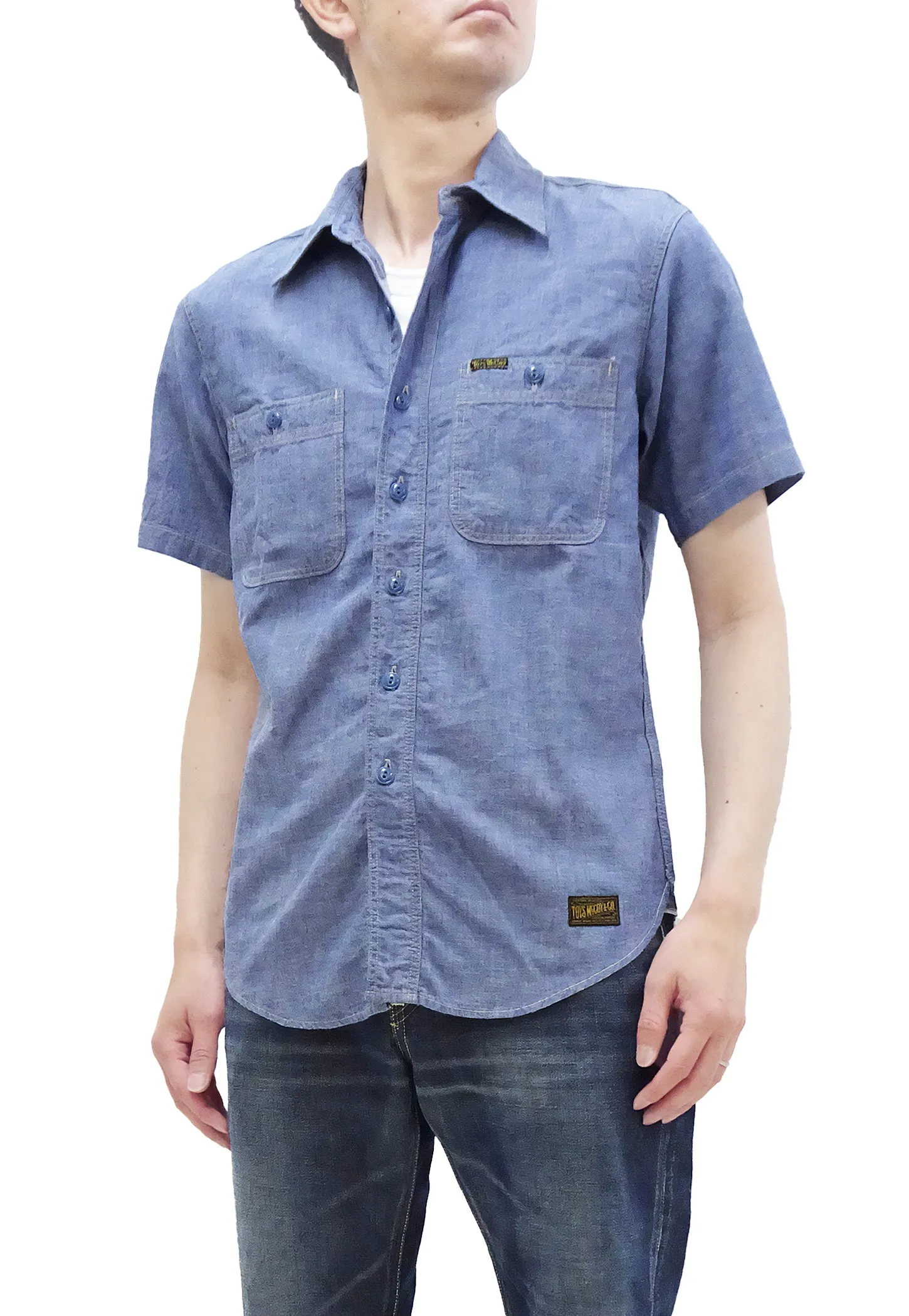 TOYS McCOY Blue Chambray Shirt Men's U.S. Navy Military Short Sleeve Button Up Work Shirt TMS2305