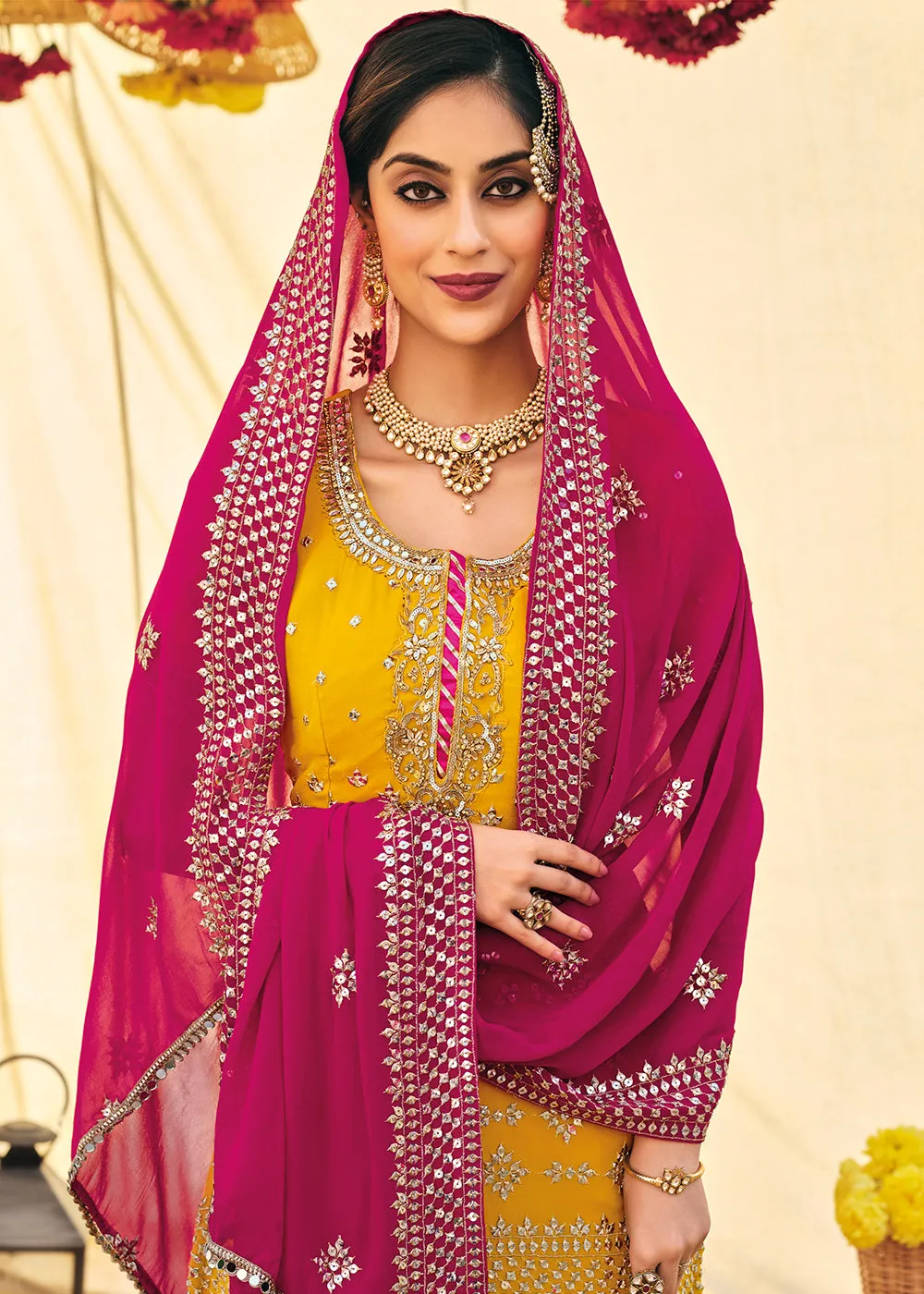 Vivid Yellow Zari & Mirror Embroidered Festive Sharara Suit