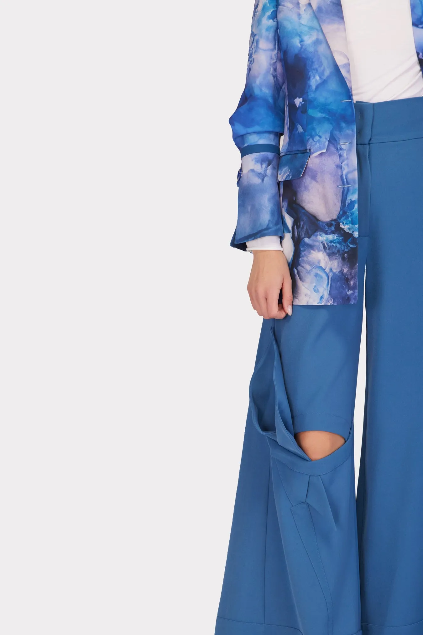 Wide Flared Trousers With Calla Flower Pale Blue