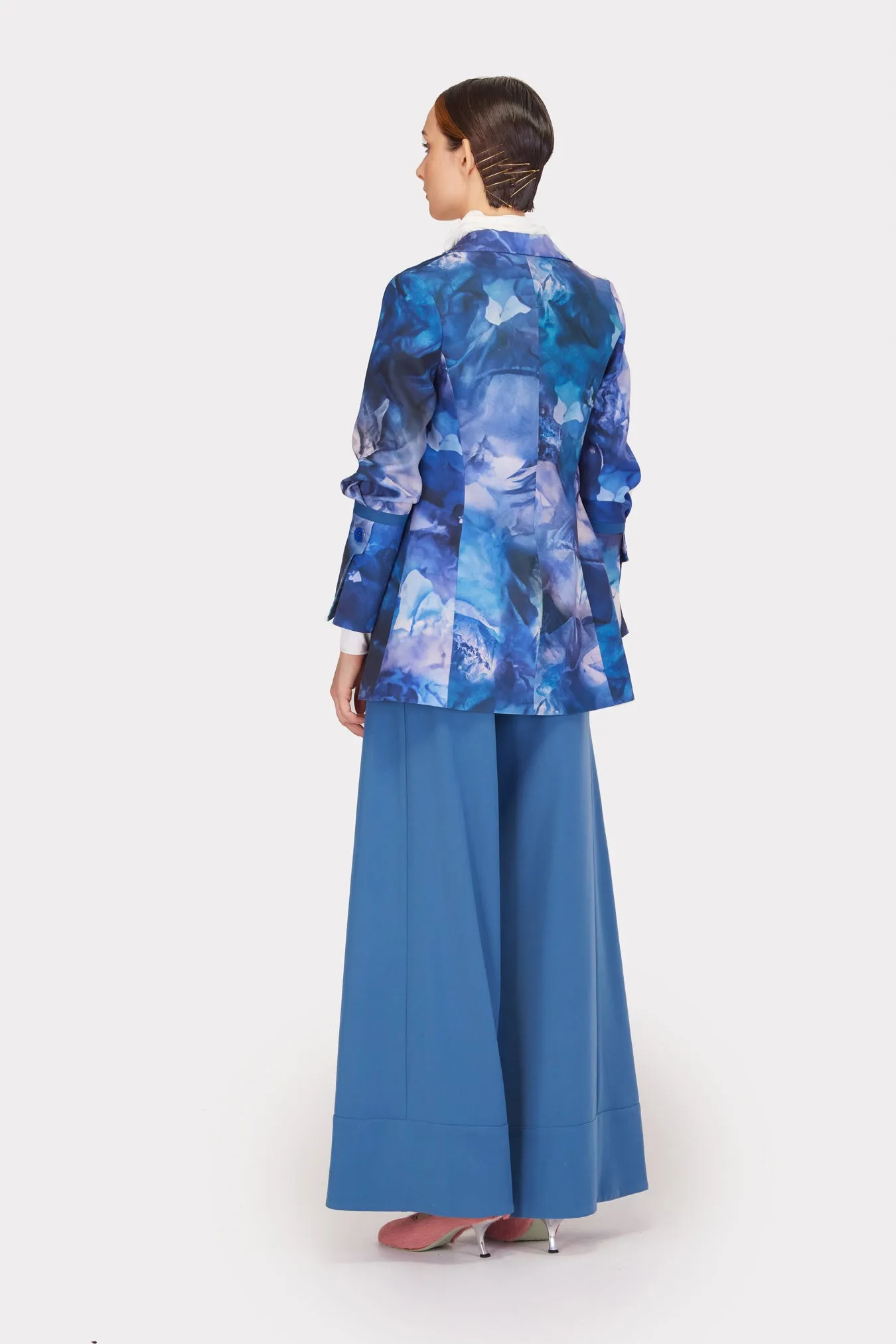 Wide Flared Trousers With Calla Flower Pale Blue