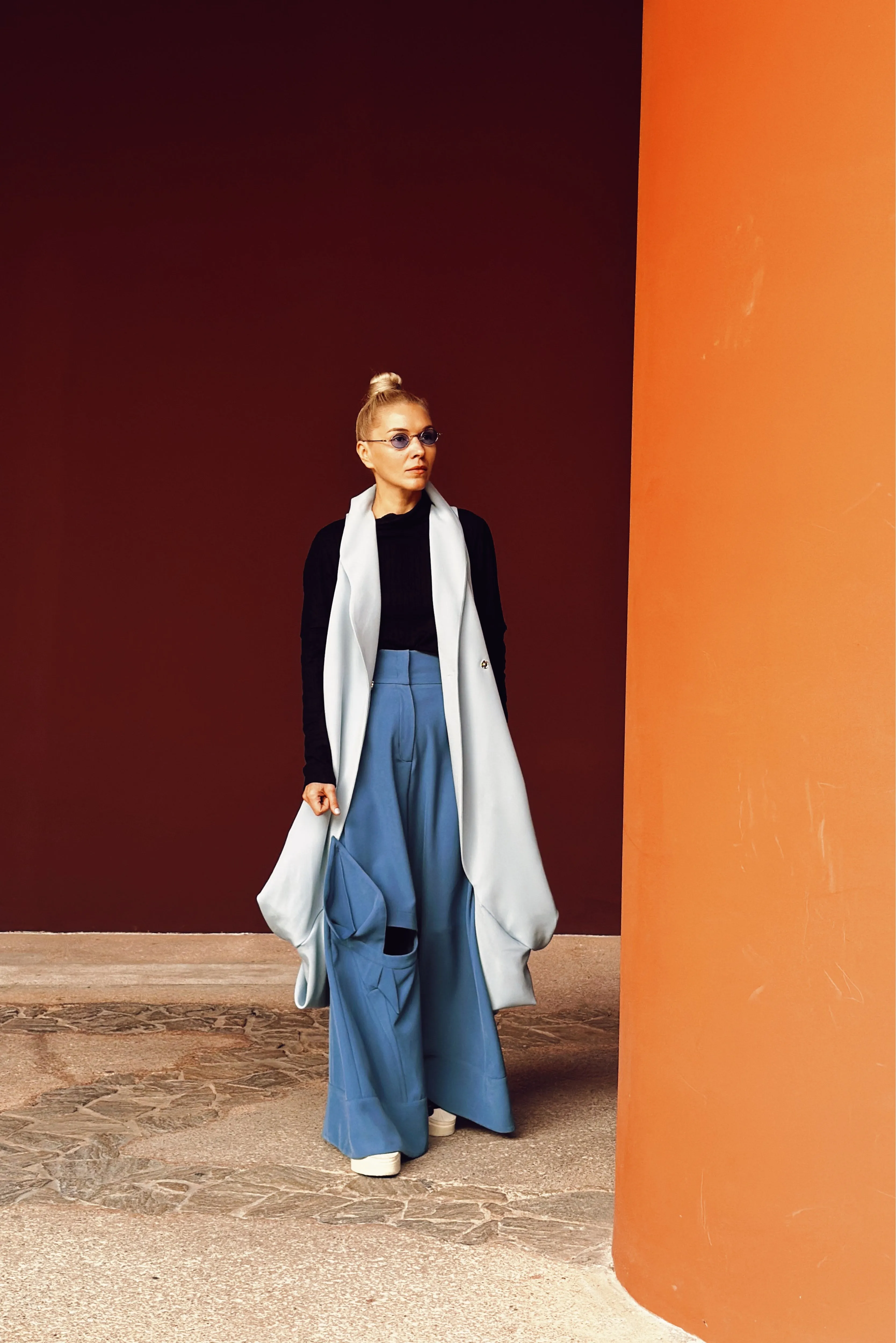 Wide Flared Trousers With Calla Flower Pale Blue